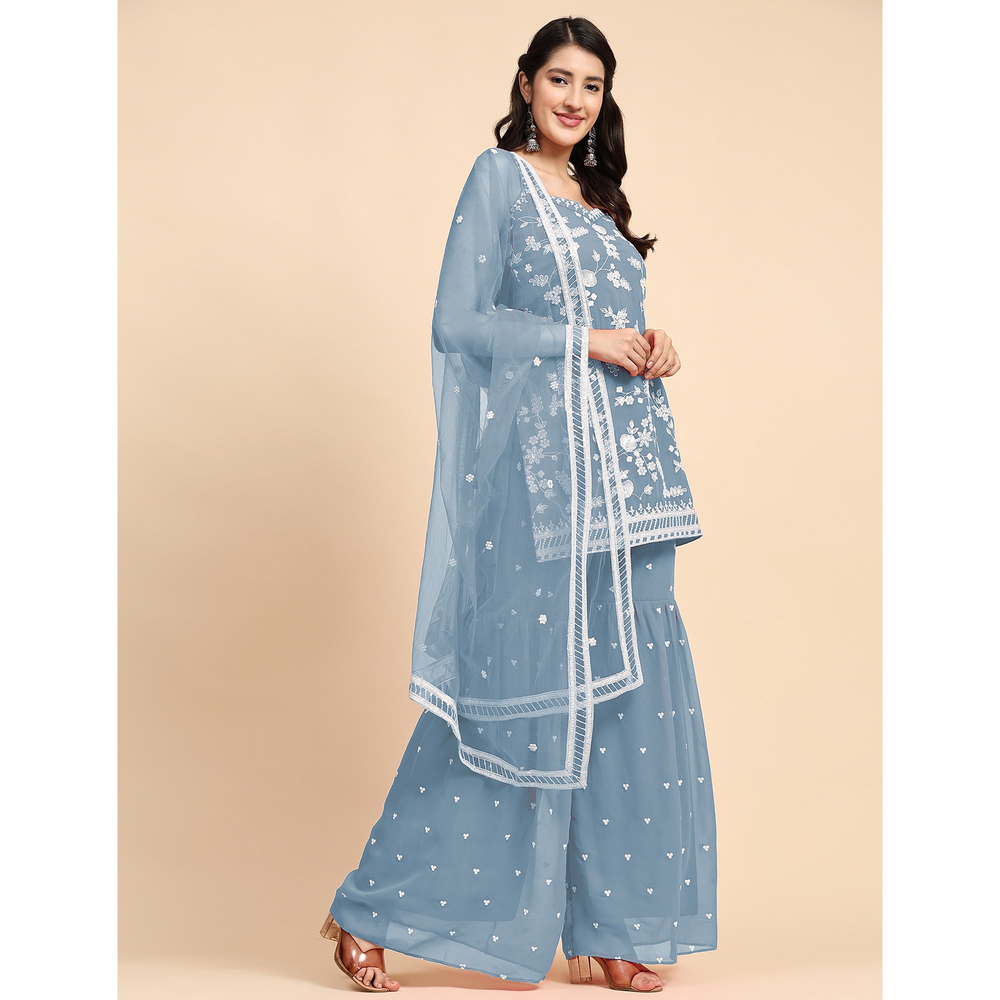 Sky Blue Floral Sequins Embroidered Georgette Semi Stitched Suit