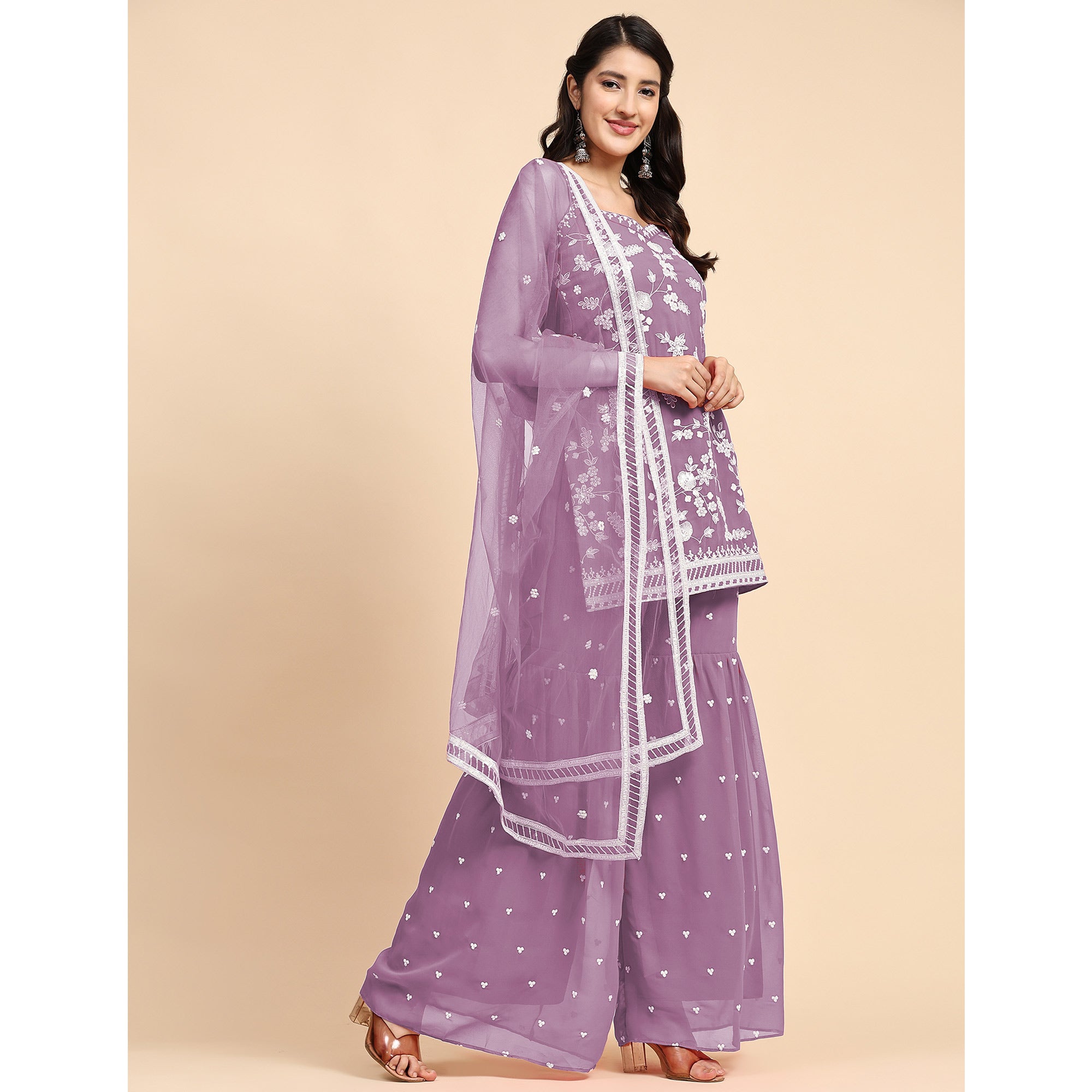 Purple Floral Sequins Embroidered Georgette Semi Stitched Suit