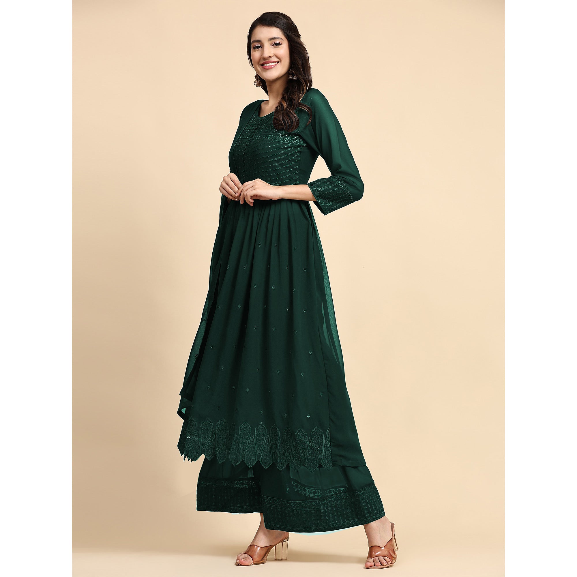 Green Sequins Embroidered Georgette Semi Stitched Suit