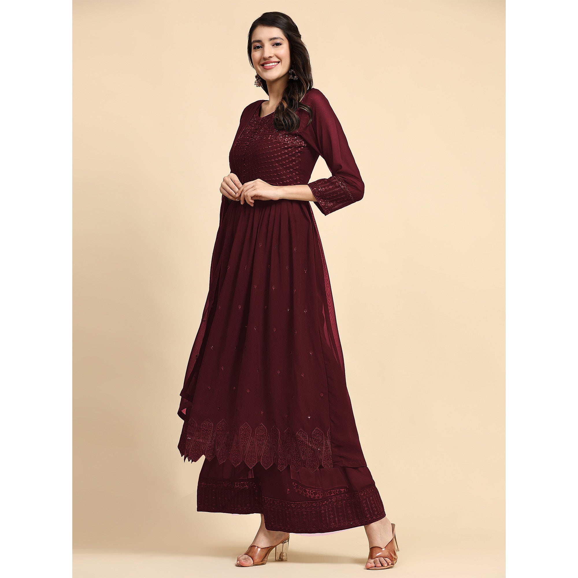 Maroon Sequins Embroidered Georgette Semi Stitched Suit