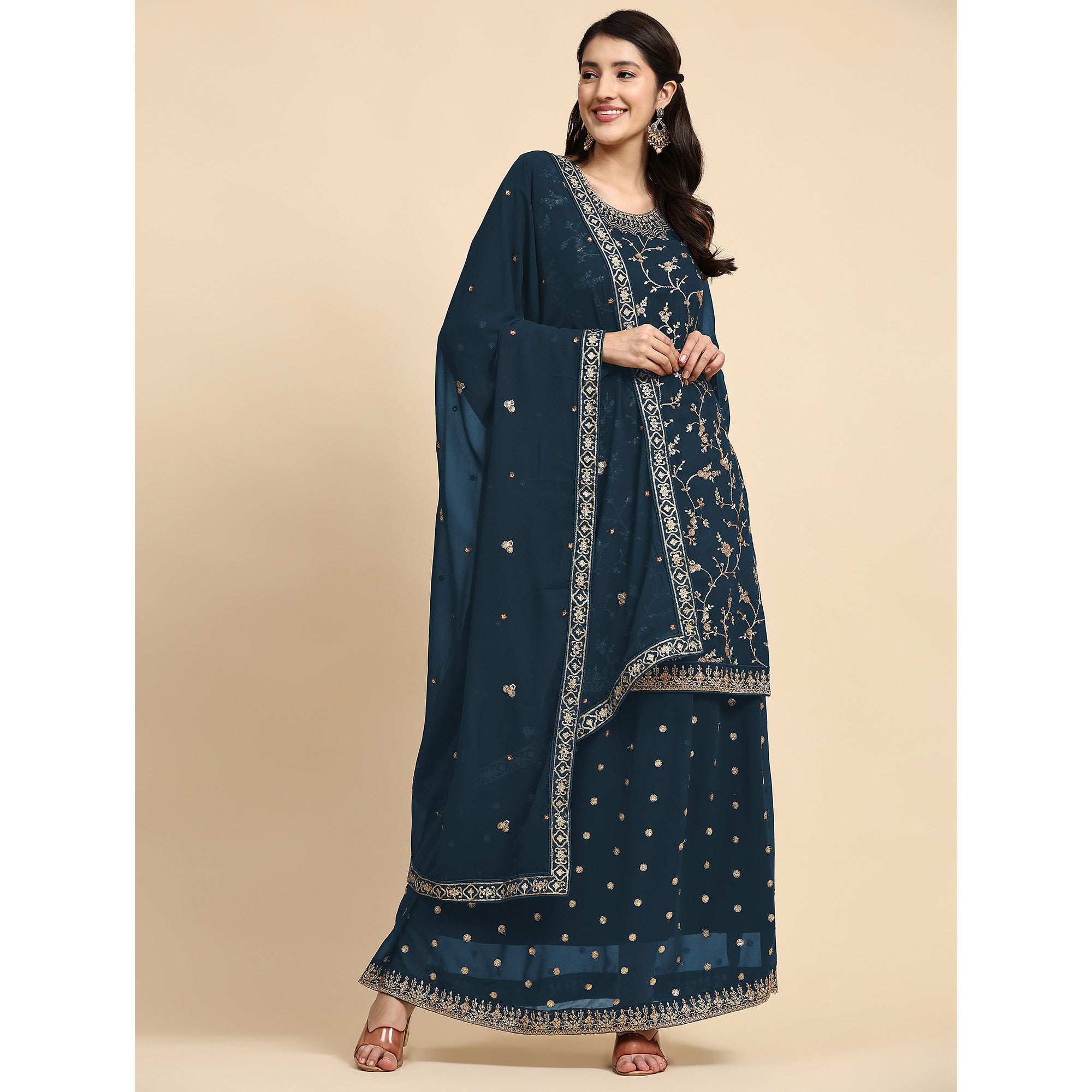 Blue Floral Embroidered Georgette Semi Stiched Suit