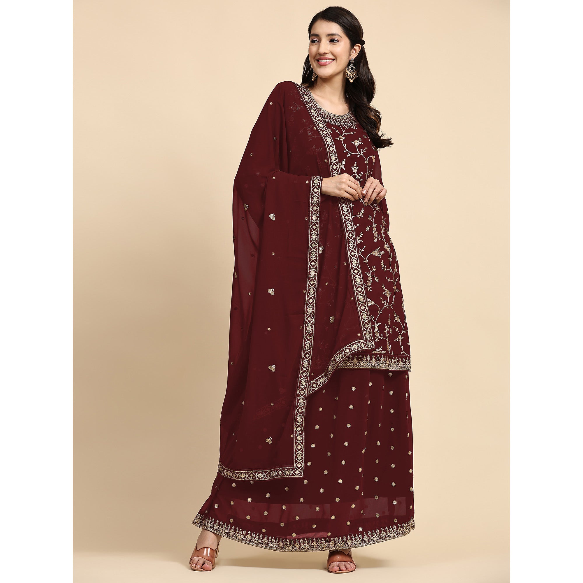 Maroon Floral Embroidered Georgette Semi Stitched Suit