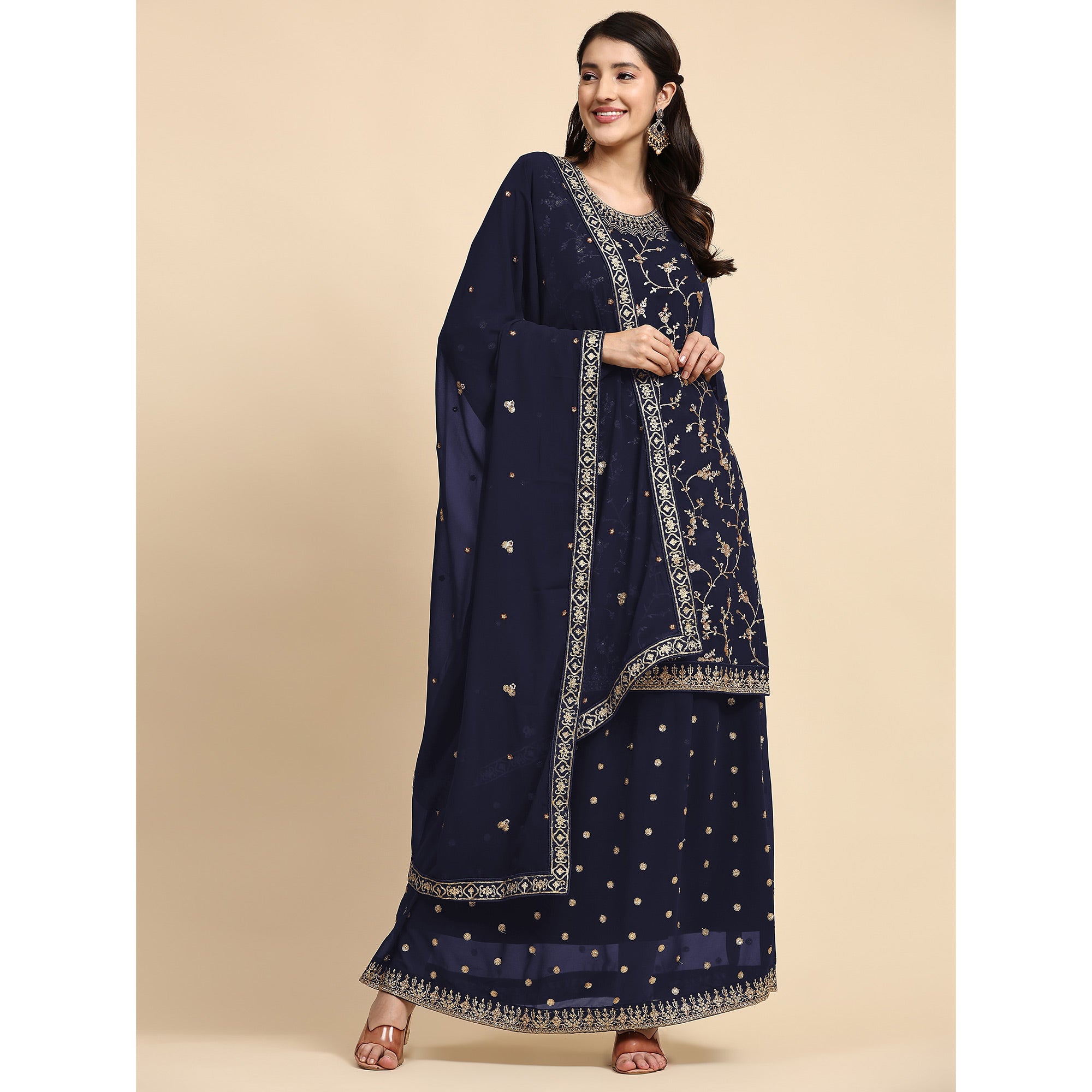 Navy Blue Floral Embroidered Georgette Semi Stitched Suit