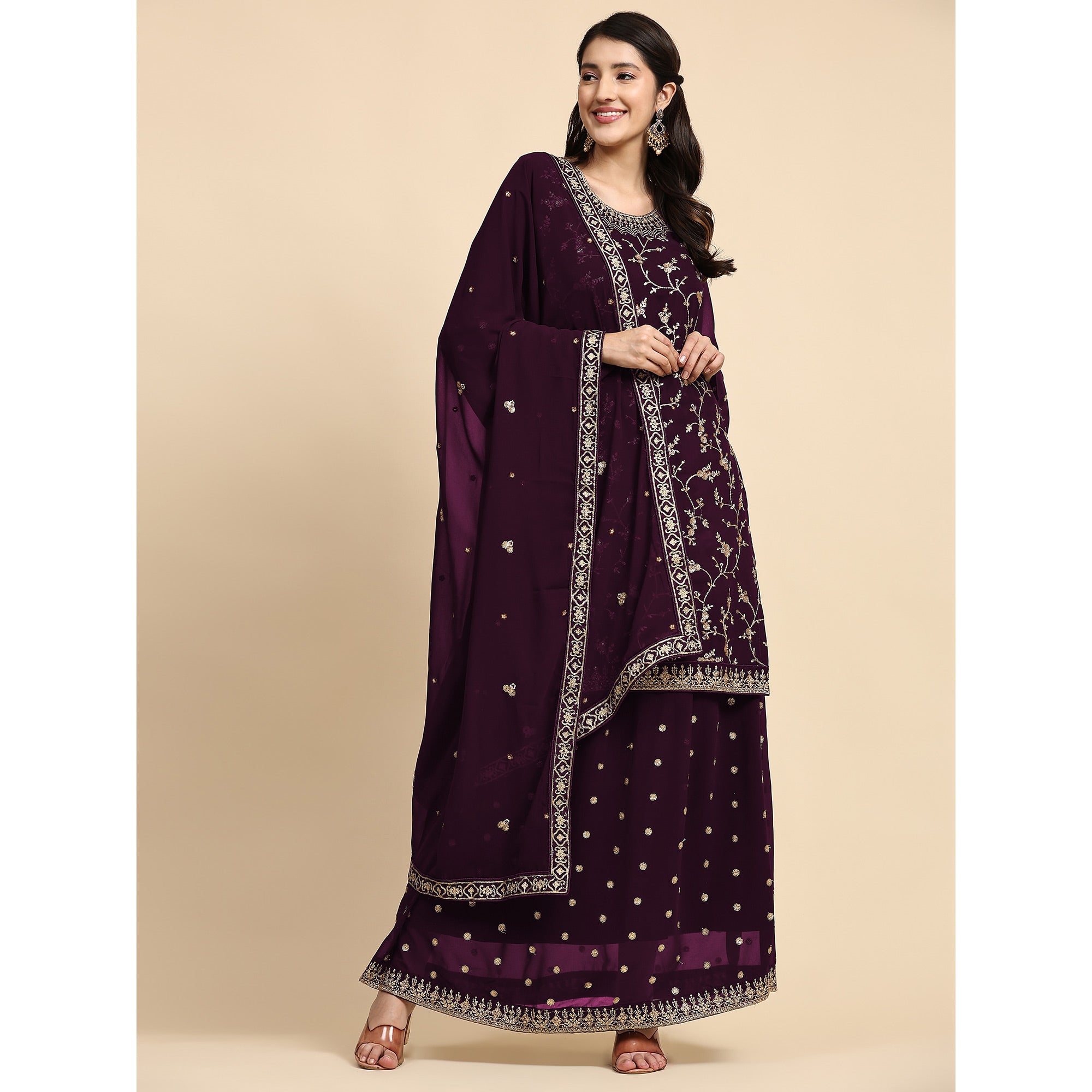 Purple Floral Embroidered Georgette Semi Stitched Suit