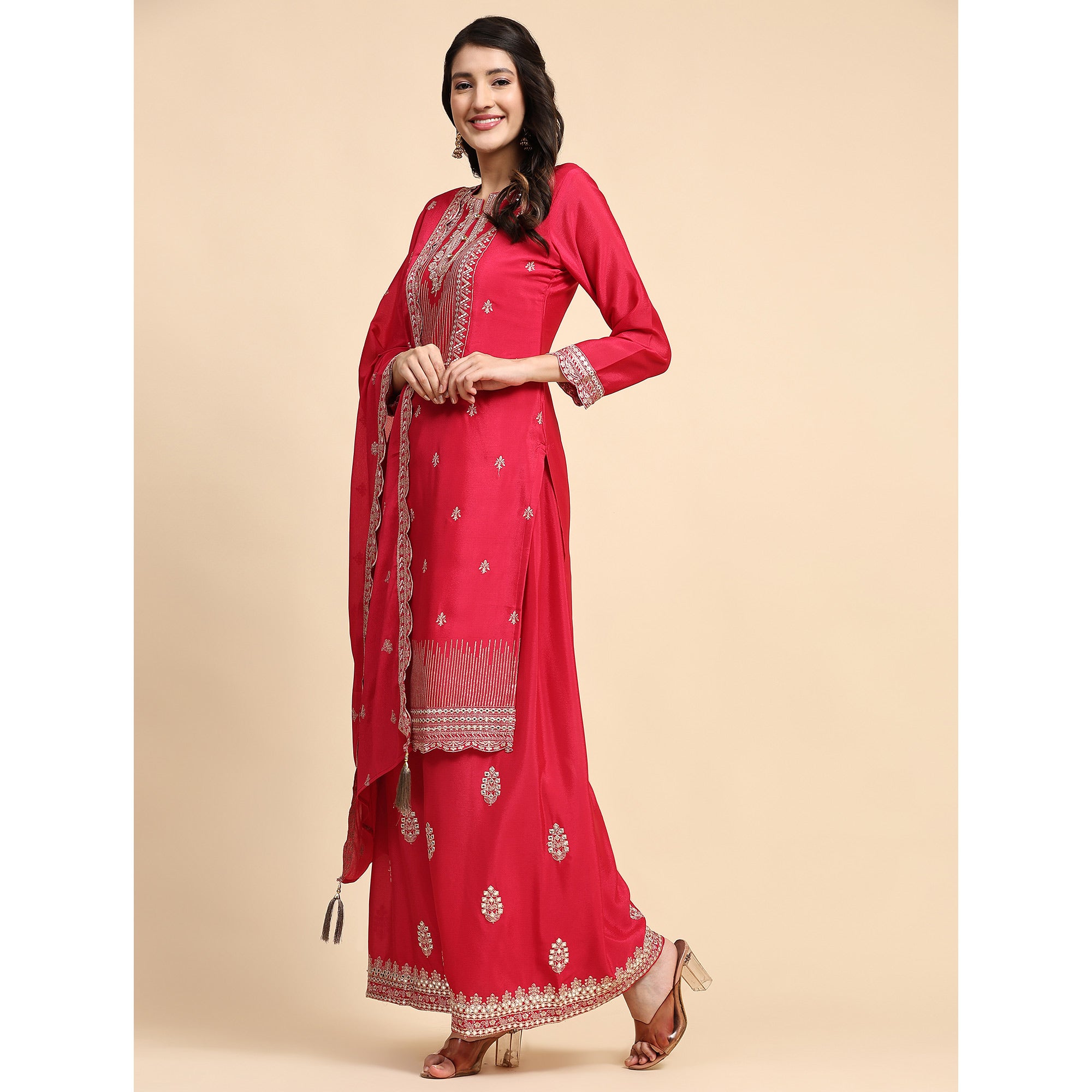 Pink Embroidered Chinon Semi Stitched Suit
