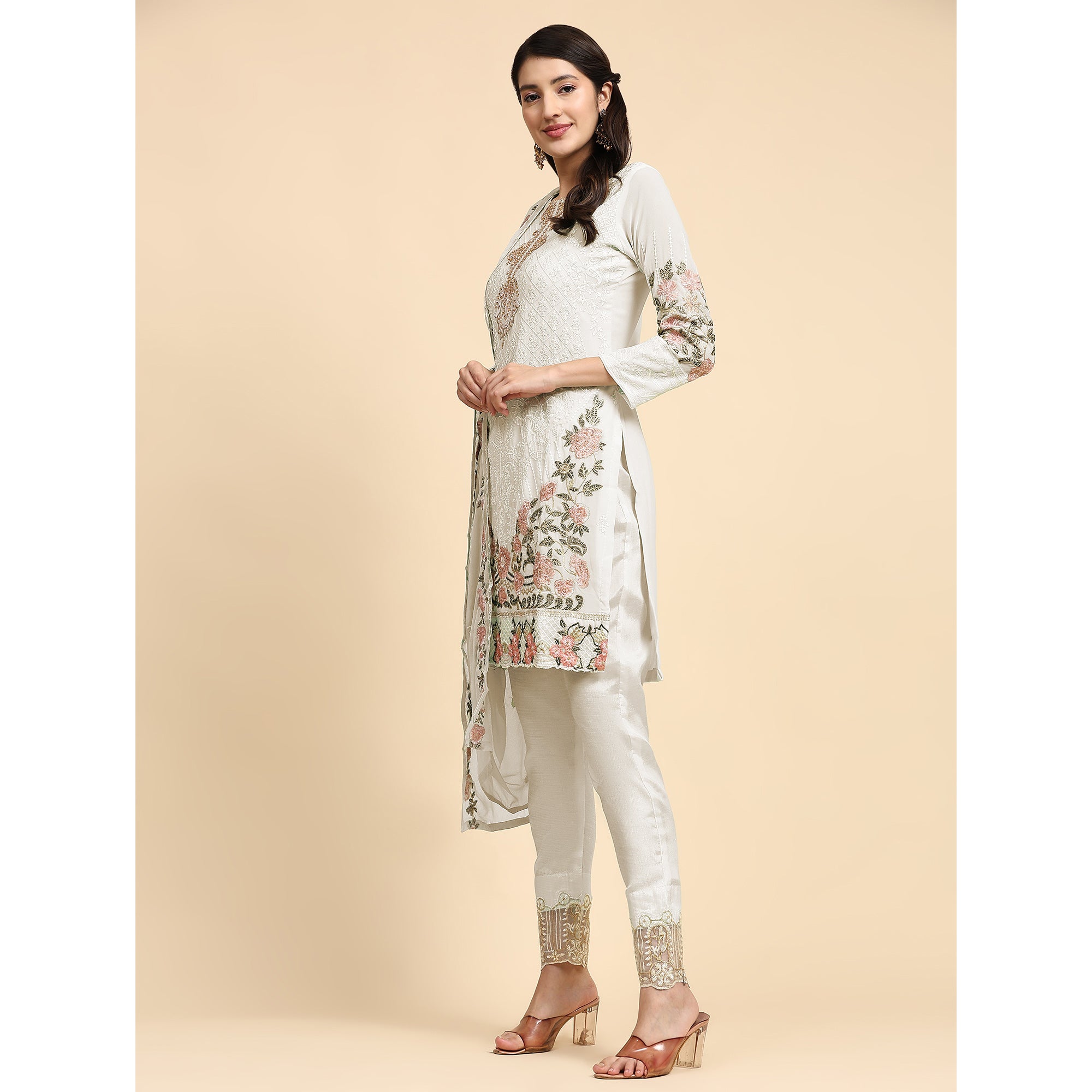 White Embroidered Georgette Semi Stitched Pakistani Suit