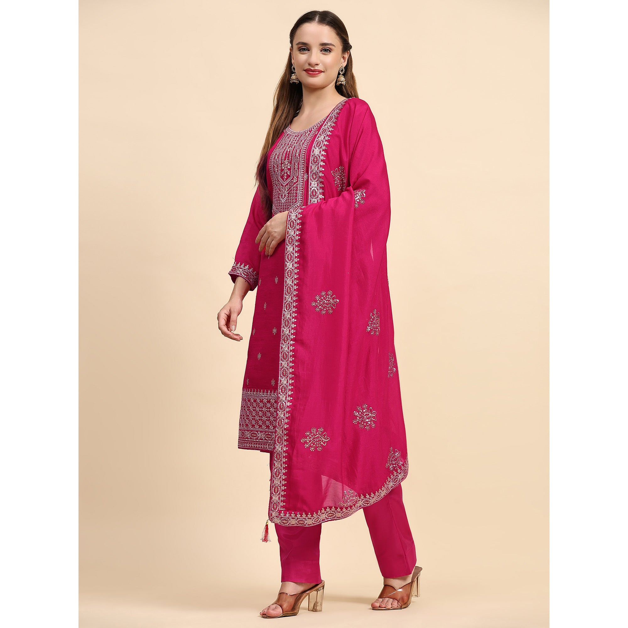 Pink Embroidered Dola Silk Straight Semi Stitched Suit