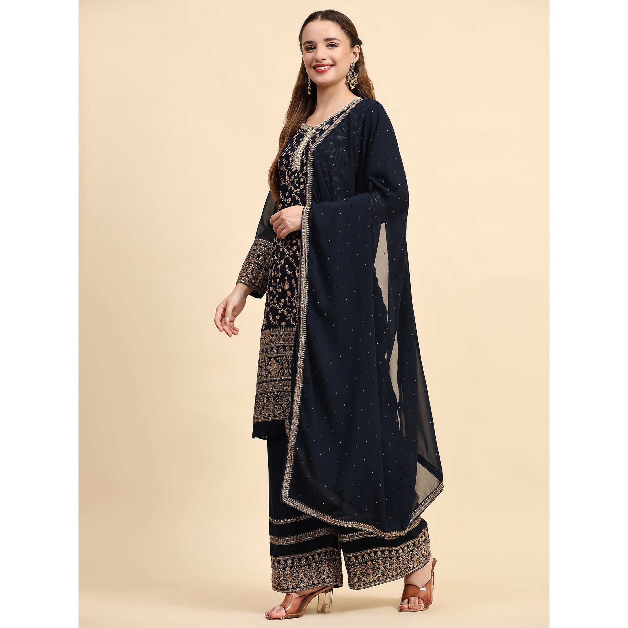 Navy Blue Embroidered Georgette Semi Stitched Suit