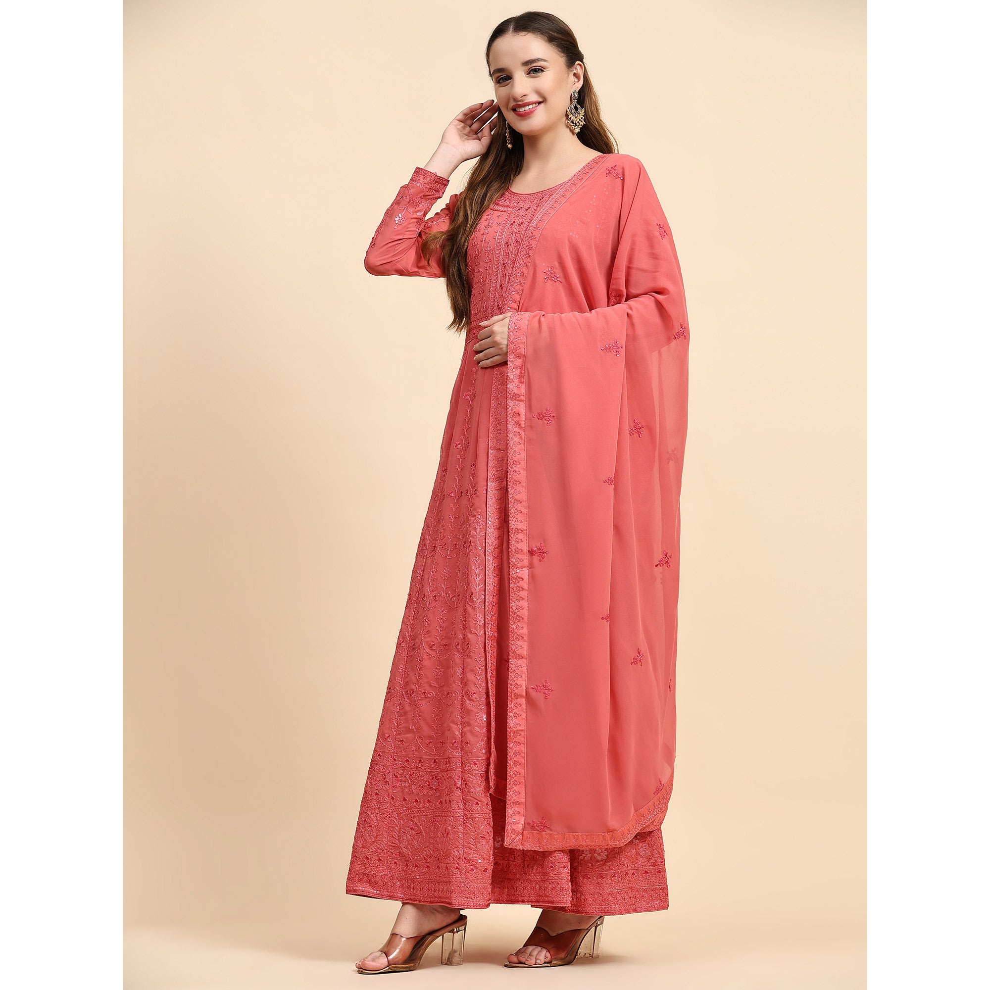 Peach Embroidered Georgette Semi Stitched Anarkali Suit