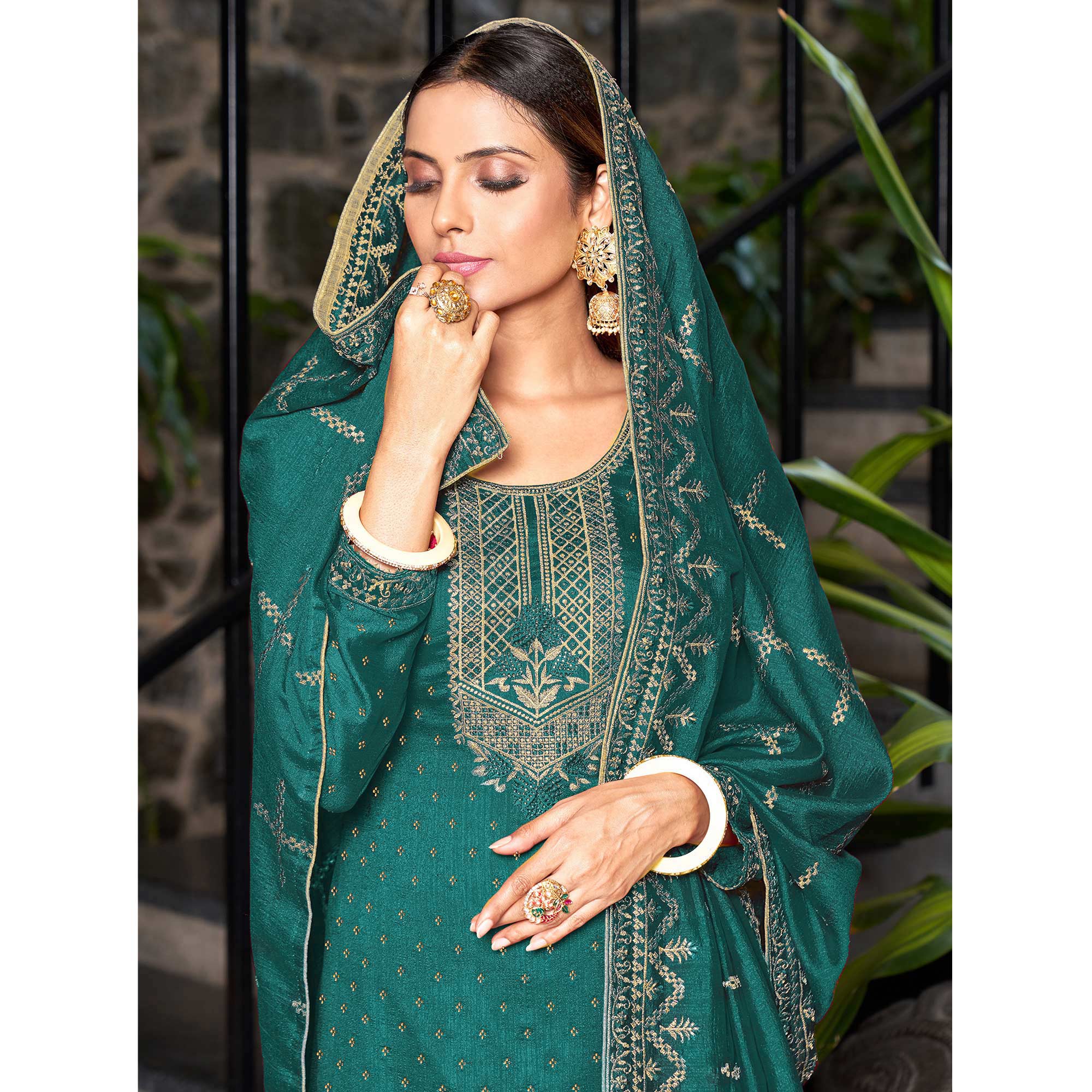 Green Embroidered Vichitra Silk Semi Stitched Salwar Suit