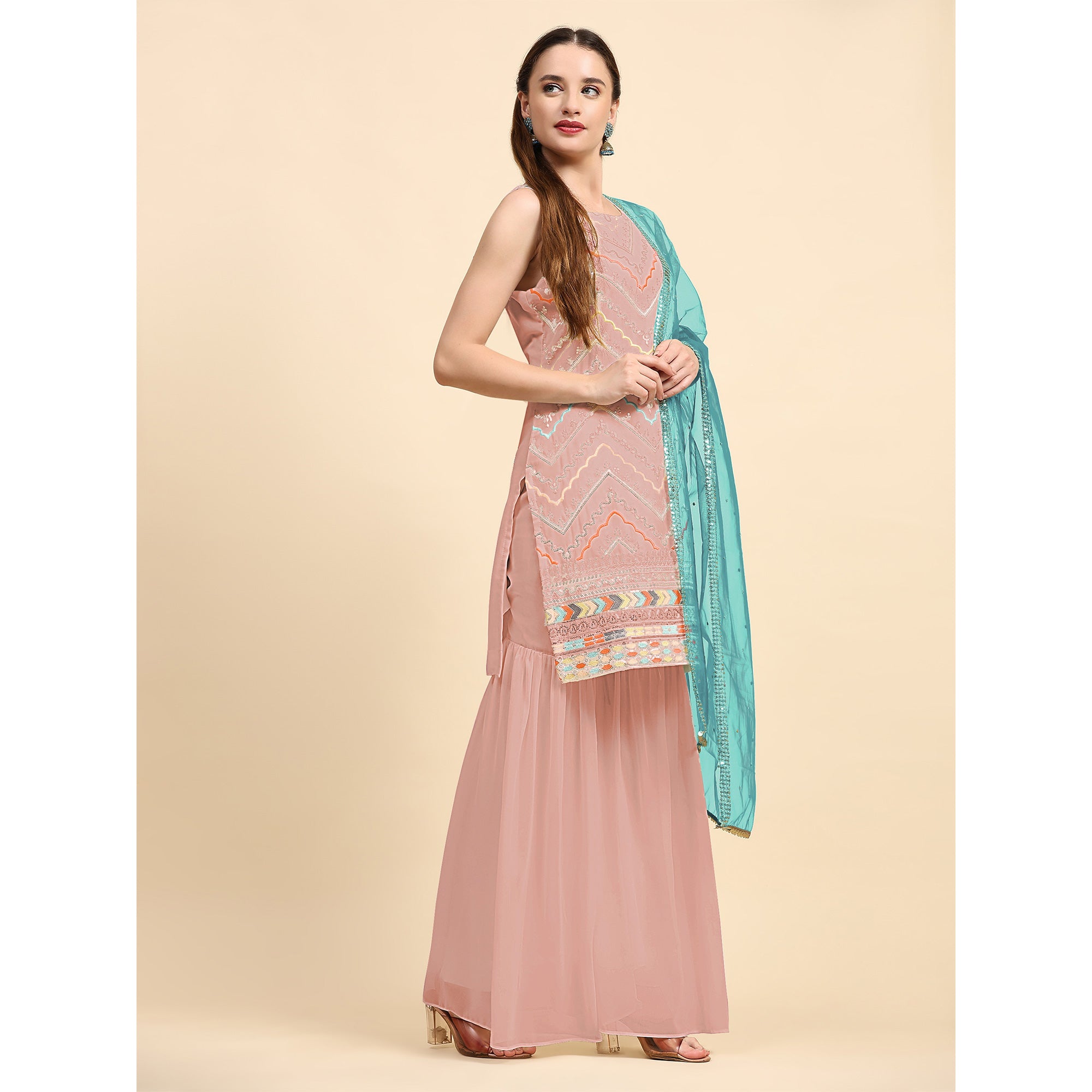 Peach Sequins Embroidered Georgette Semi Stitched Suit