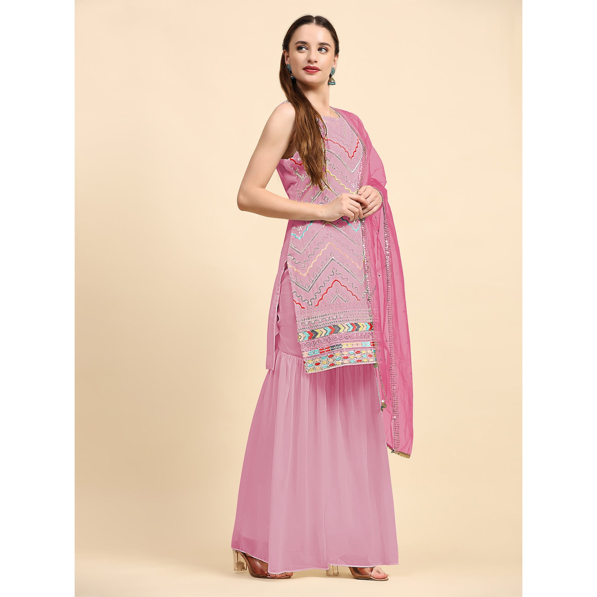 Pink Sequins Embroidered Georgette Semi Stitched Suit