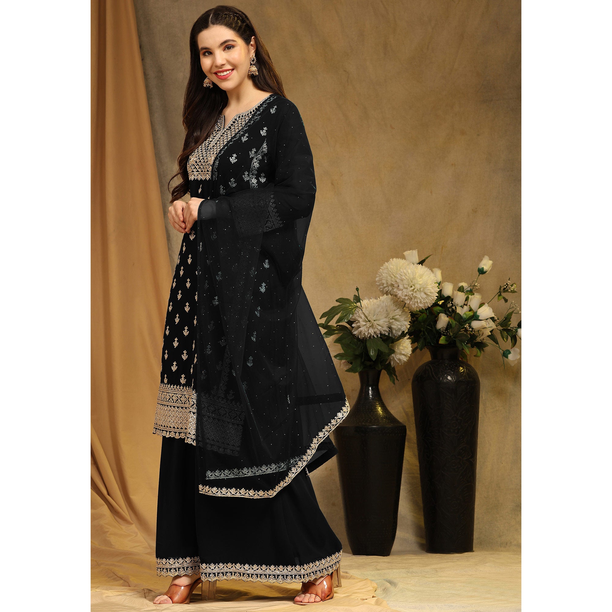 Black Floral Embroidered Georgette Semi Stitched Suit