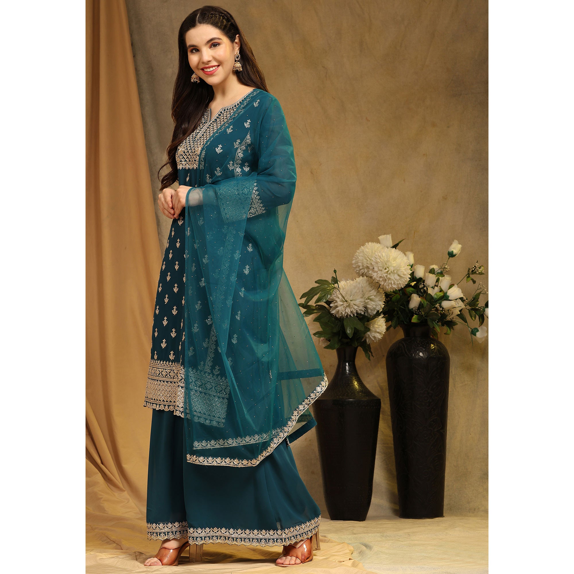 Morpich Floral Embroidered Georgette Semi Stitched Suit