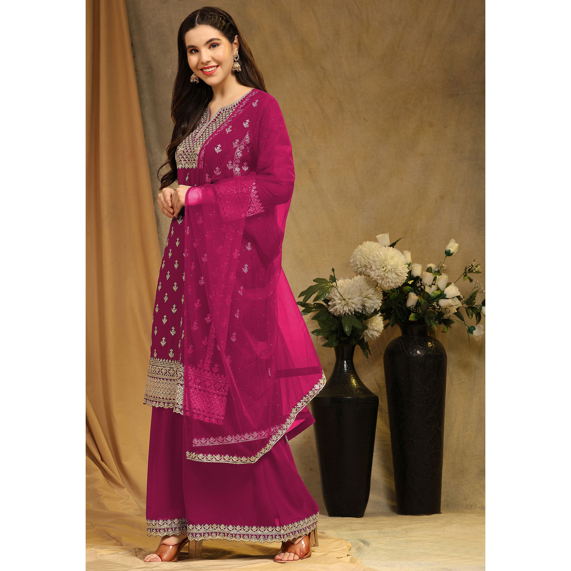 Pink Floral Embroidered Georgette Semi Stitched Suit