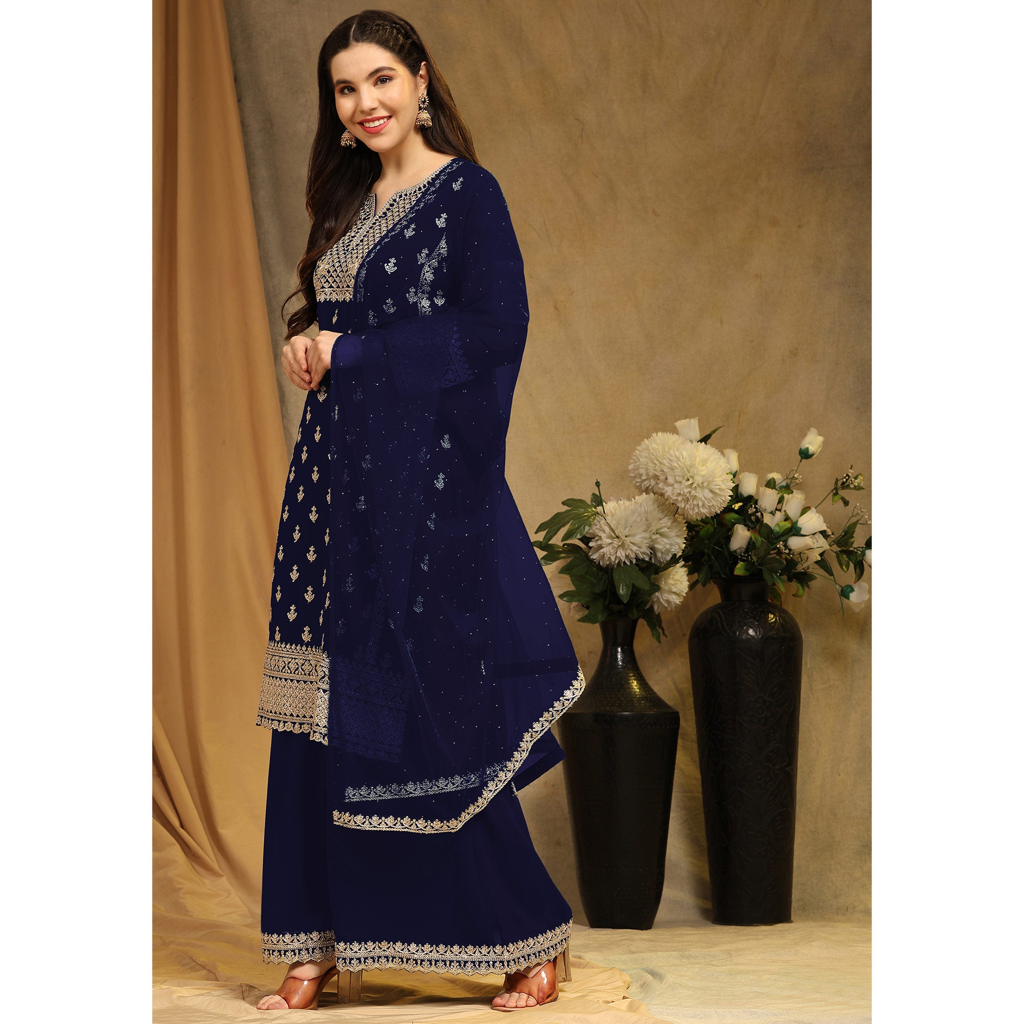 Blue Floral Embroidered Georgette Semi Stitched Suit