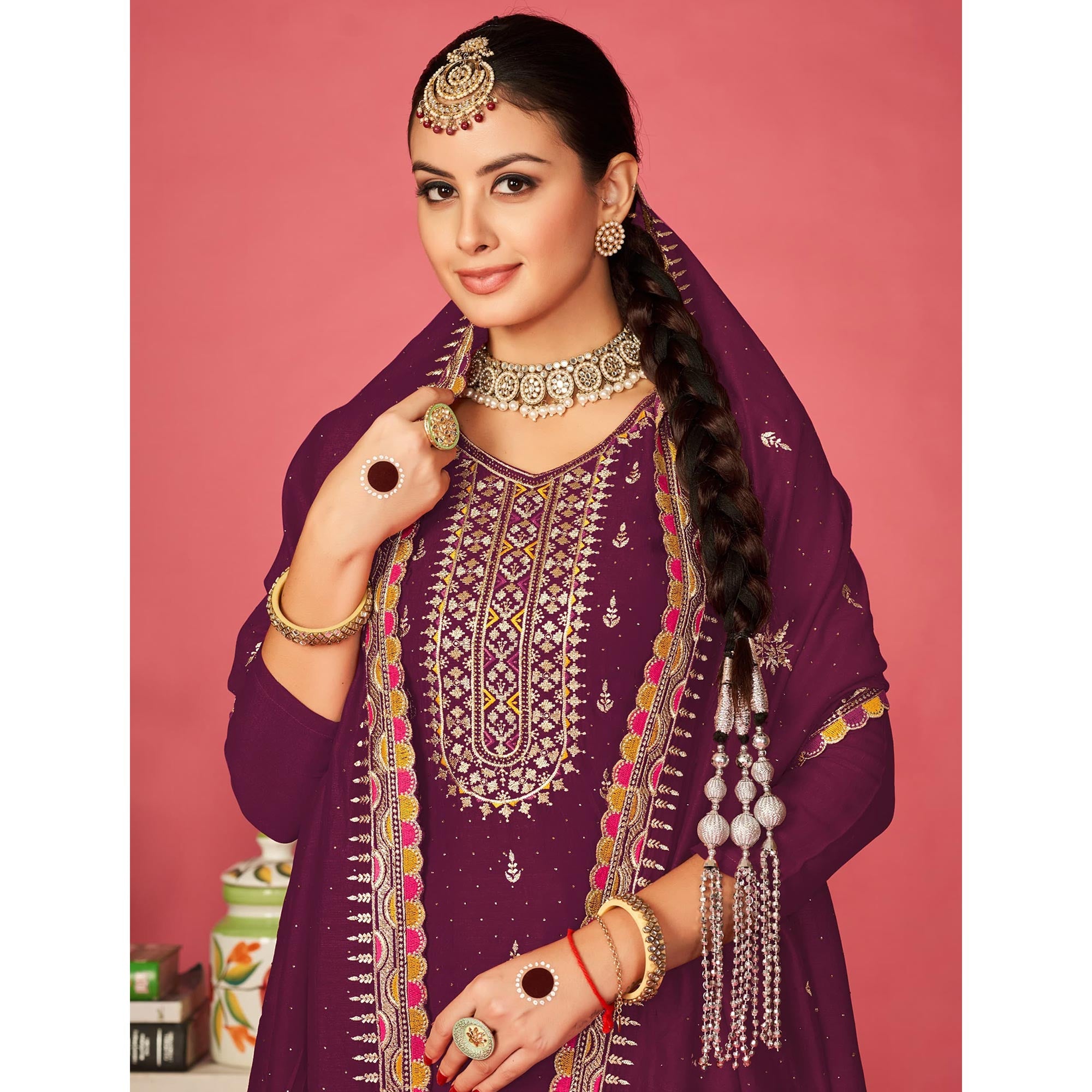 Purple Embroidered With Swarovski Vichitra Silk Semi Stitched Suit