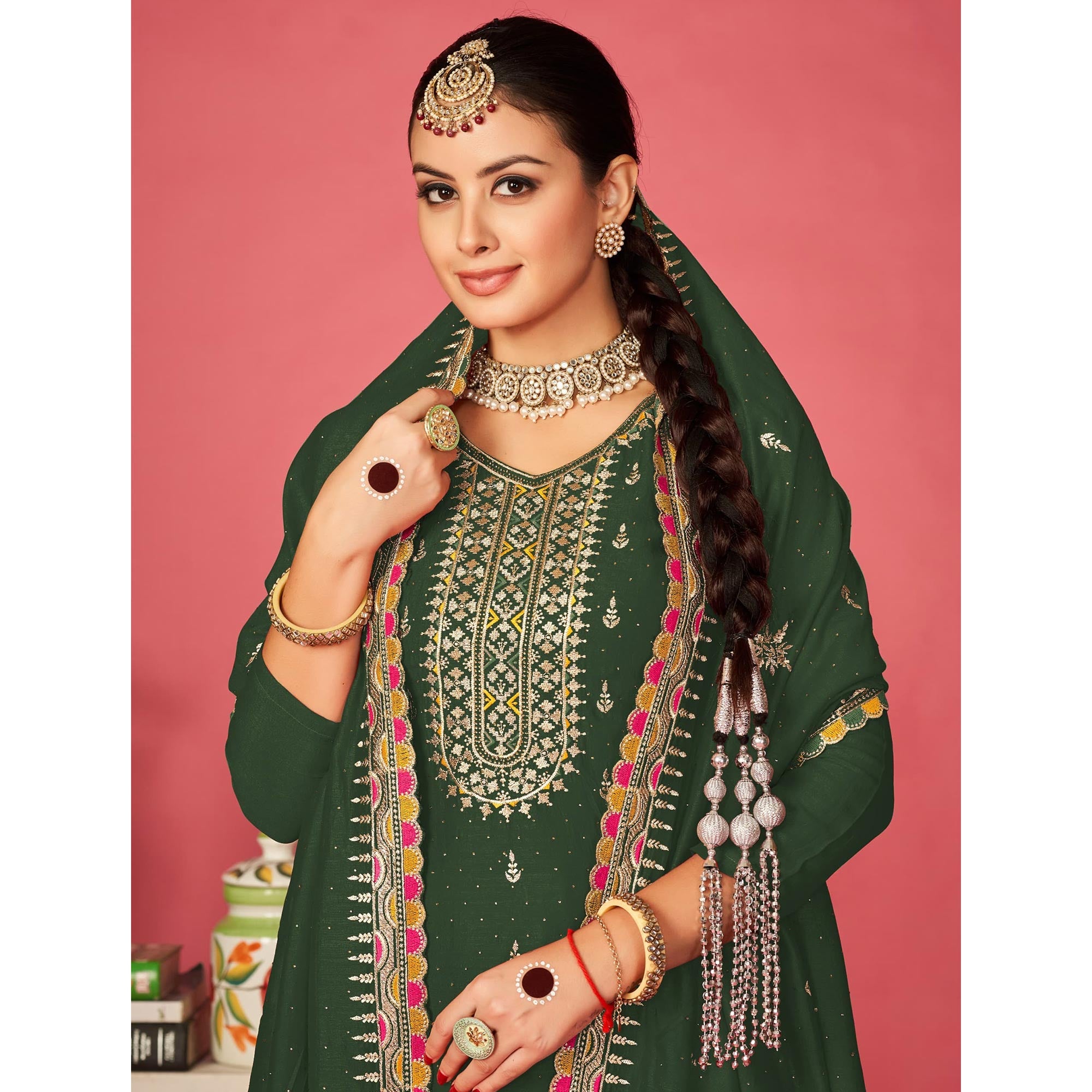 Green Embroidered With Swarovski Vichitra Silk Semi Stitched Suit