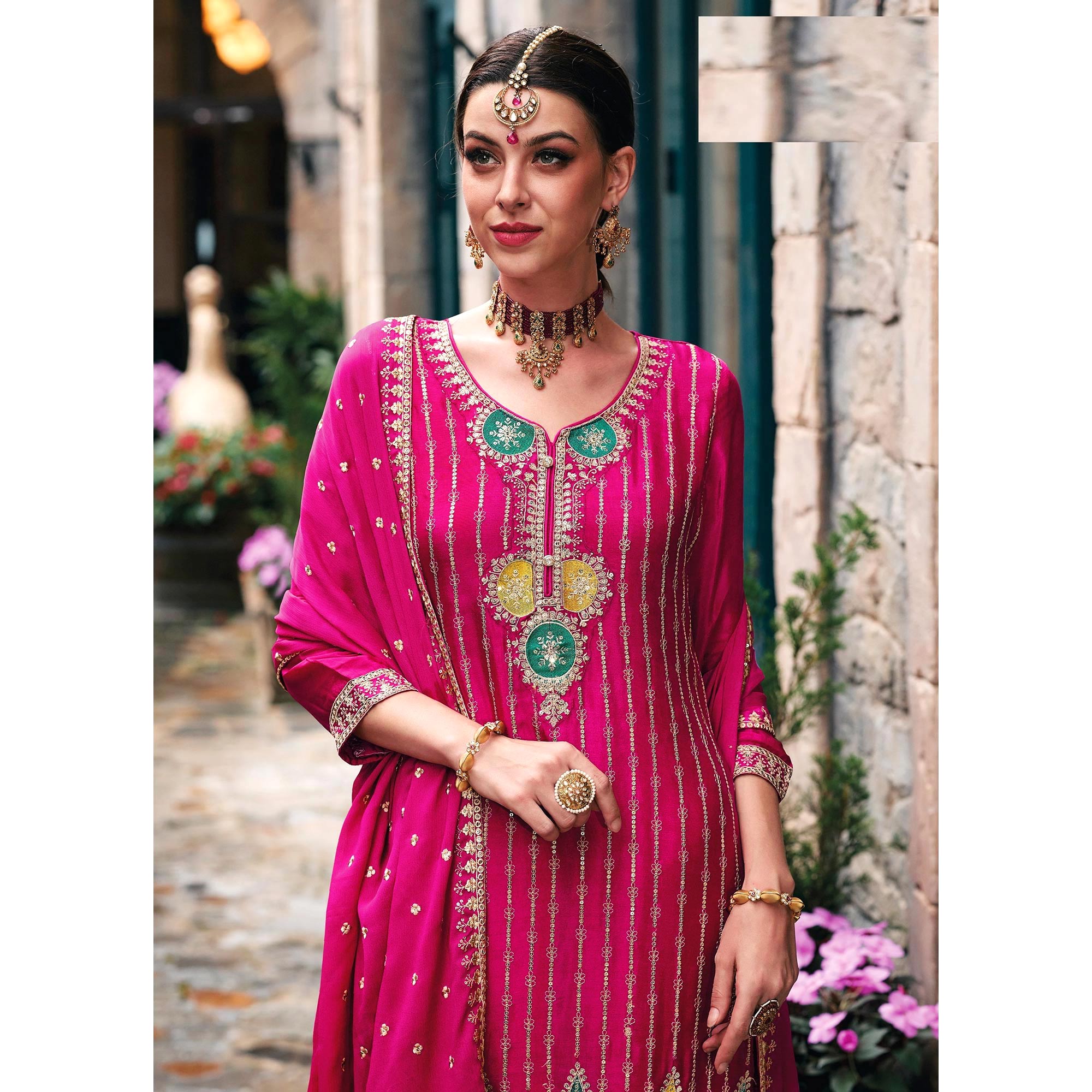 Pink Floral Embroidered Chinon Semi Stitched Suit