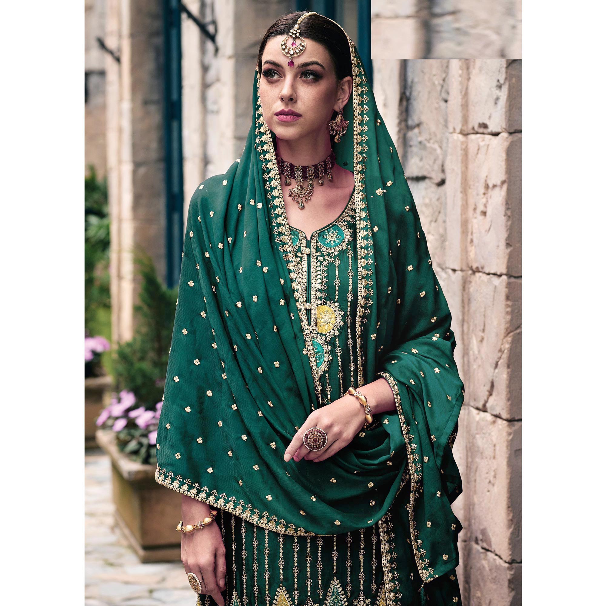 Green Floral Embroidered Chinon Semi Stitched Suit