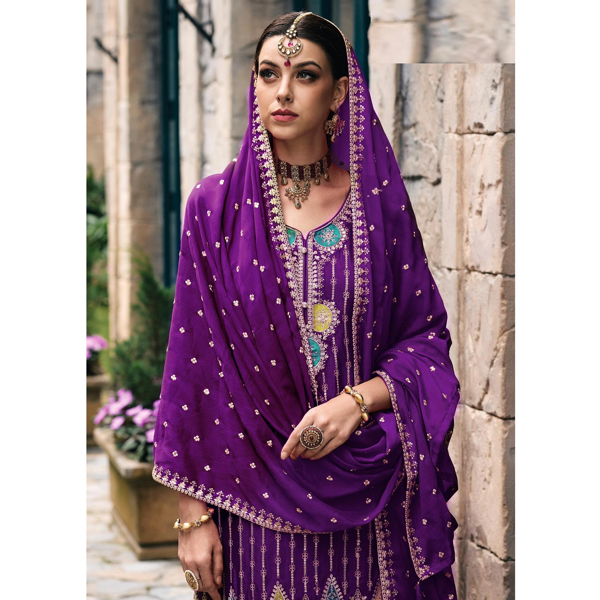 Purple Floral Embroidered Chinon Semi Stitched Suit