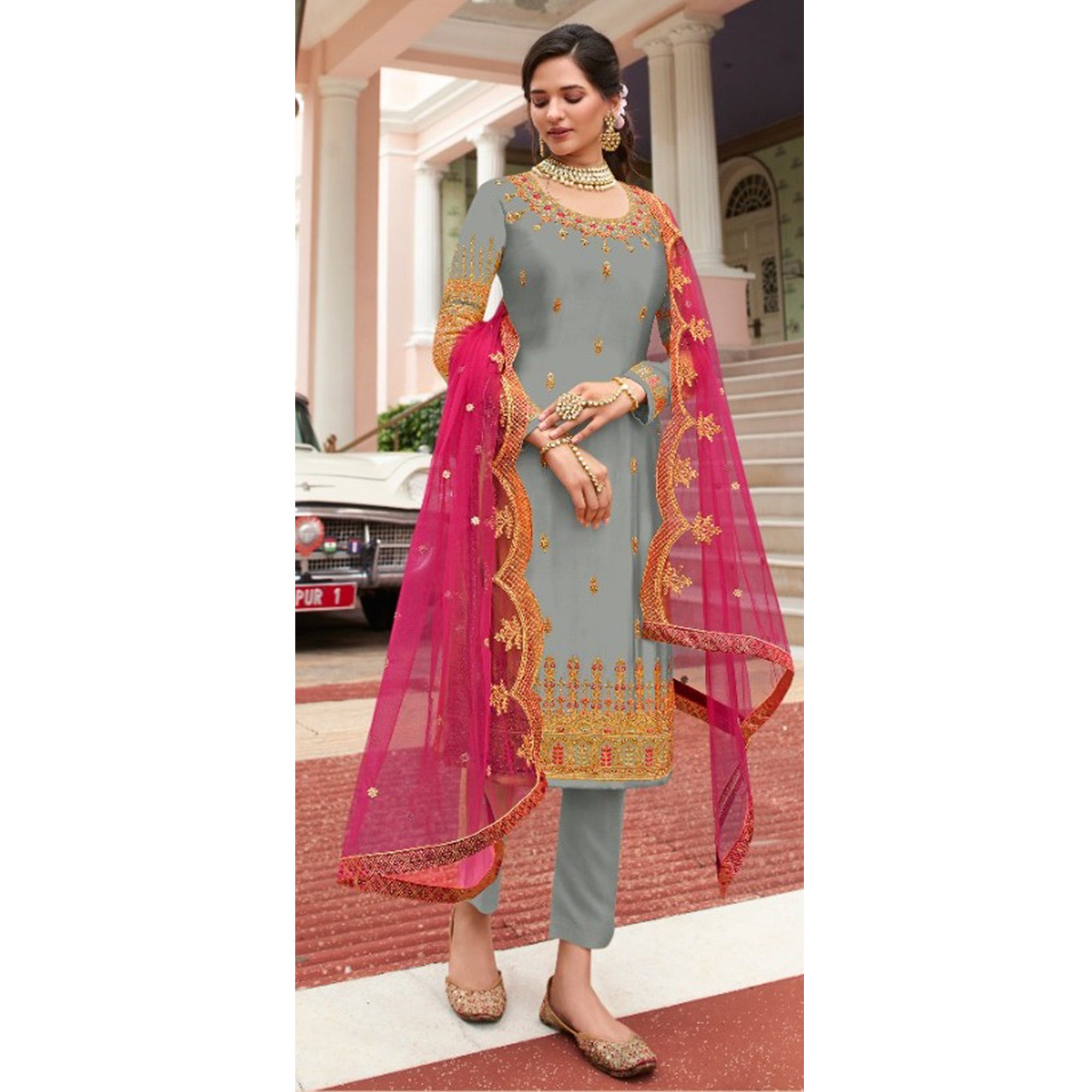 Grey Embroidered Georgette Lehenga Kameez And Suit