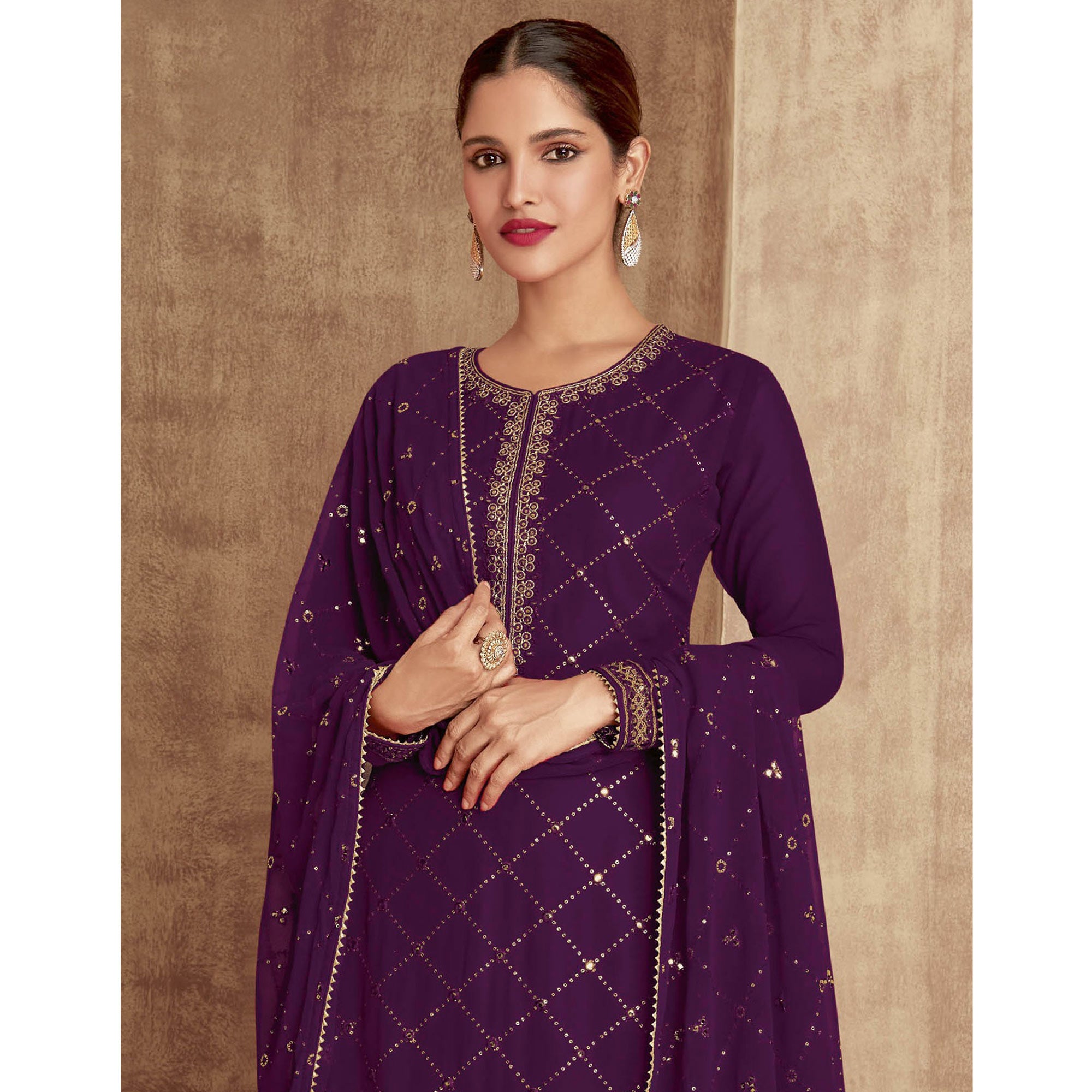 Purple Sequins Embroidered Georgette Semi Stitched Palazzo Suit