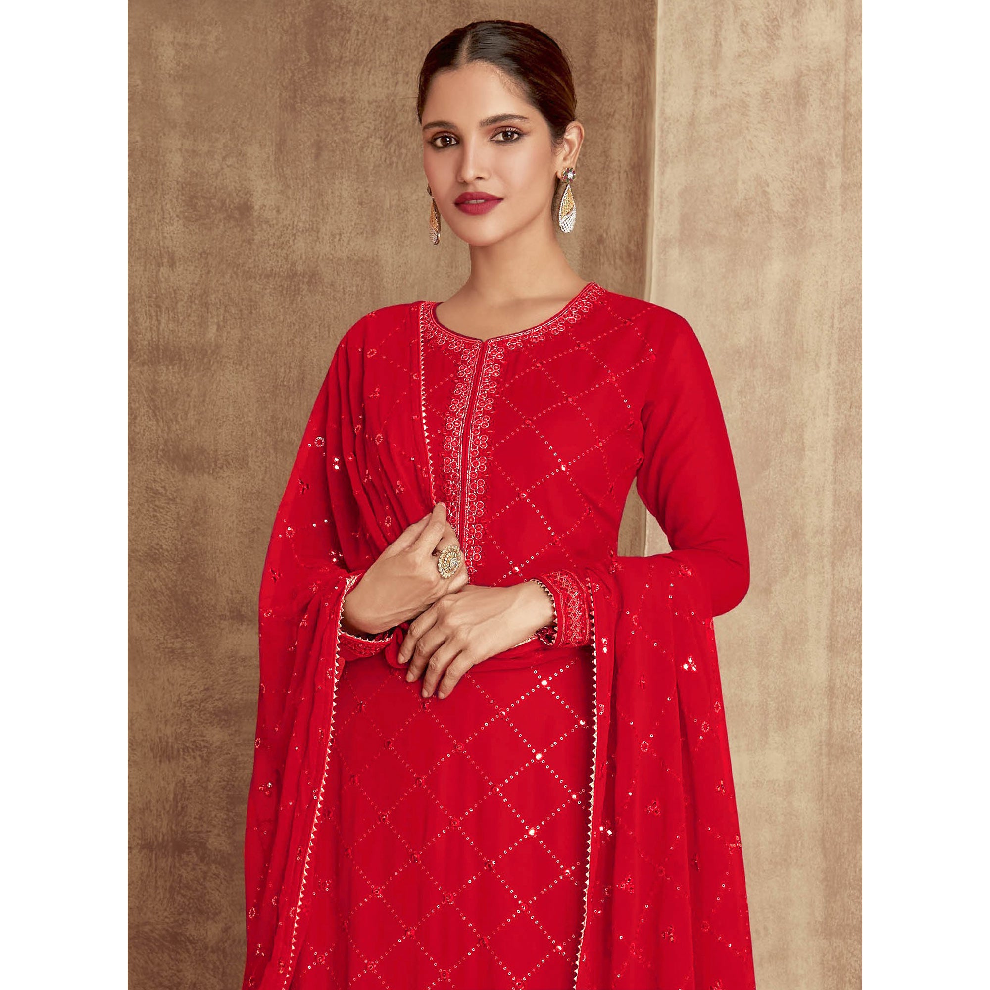 Red Sequins Embroidered Georgette Semi Stitched Palazzo Suit