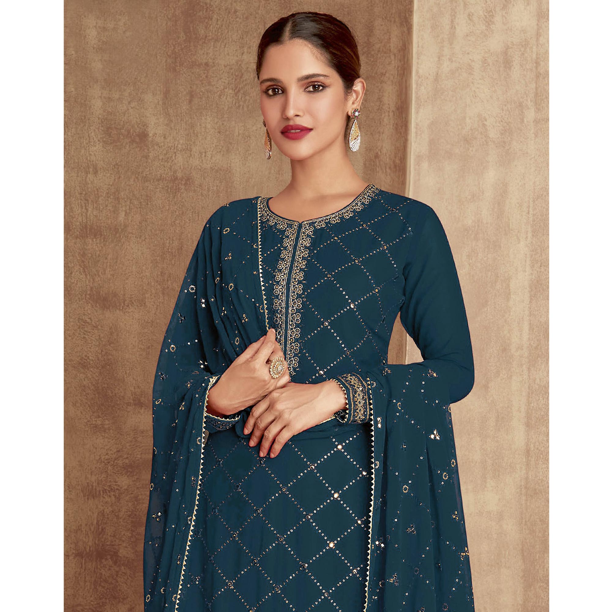 Blue Sequins Embroidered Georgette Semi Stitched Palazzo Suit