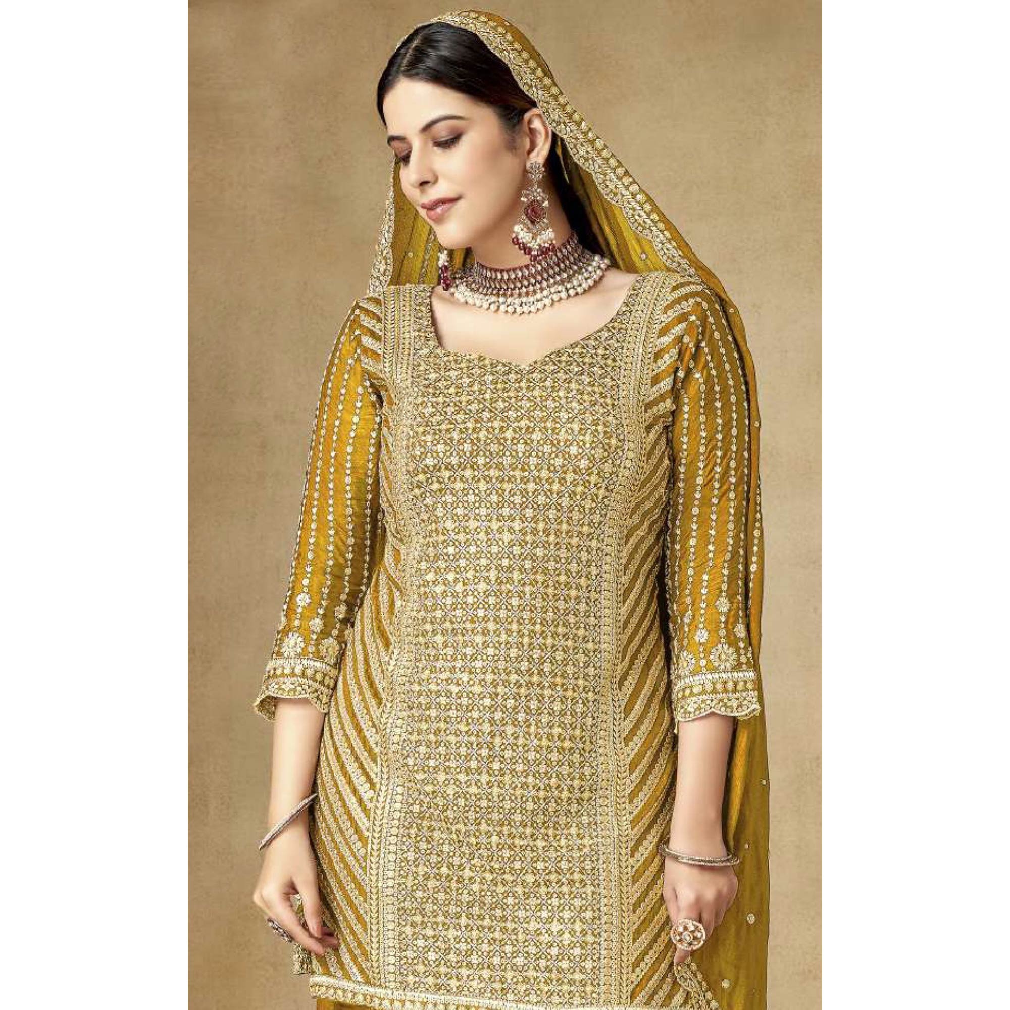 Mustard Sequins Embroidered Chinon Semi Stitched Sharara Suit