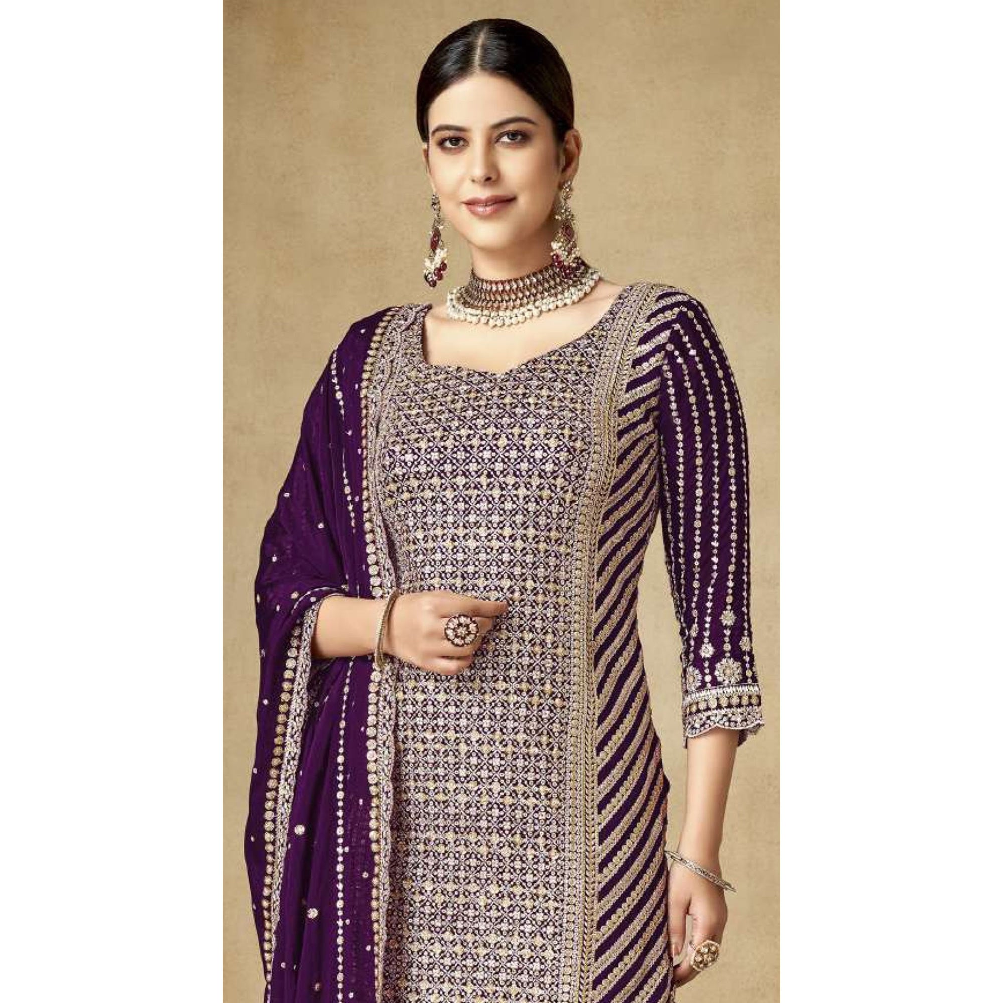 Purple Sequins Embroidered Chinon Semi Stitched Sharara Suit
