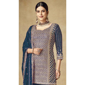 Blue Sequins Embroidered Chinon Semi Stitched Sharara Suit
