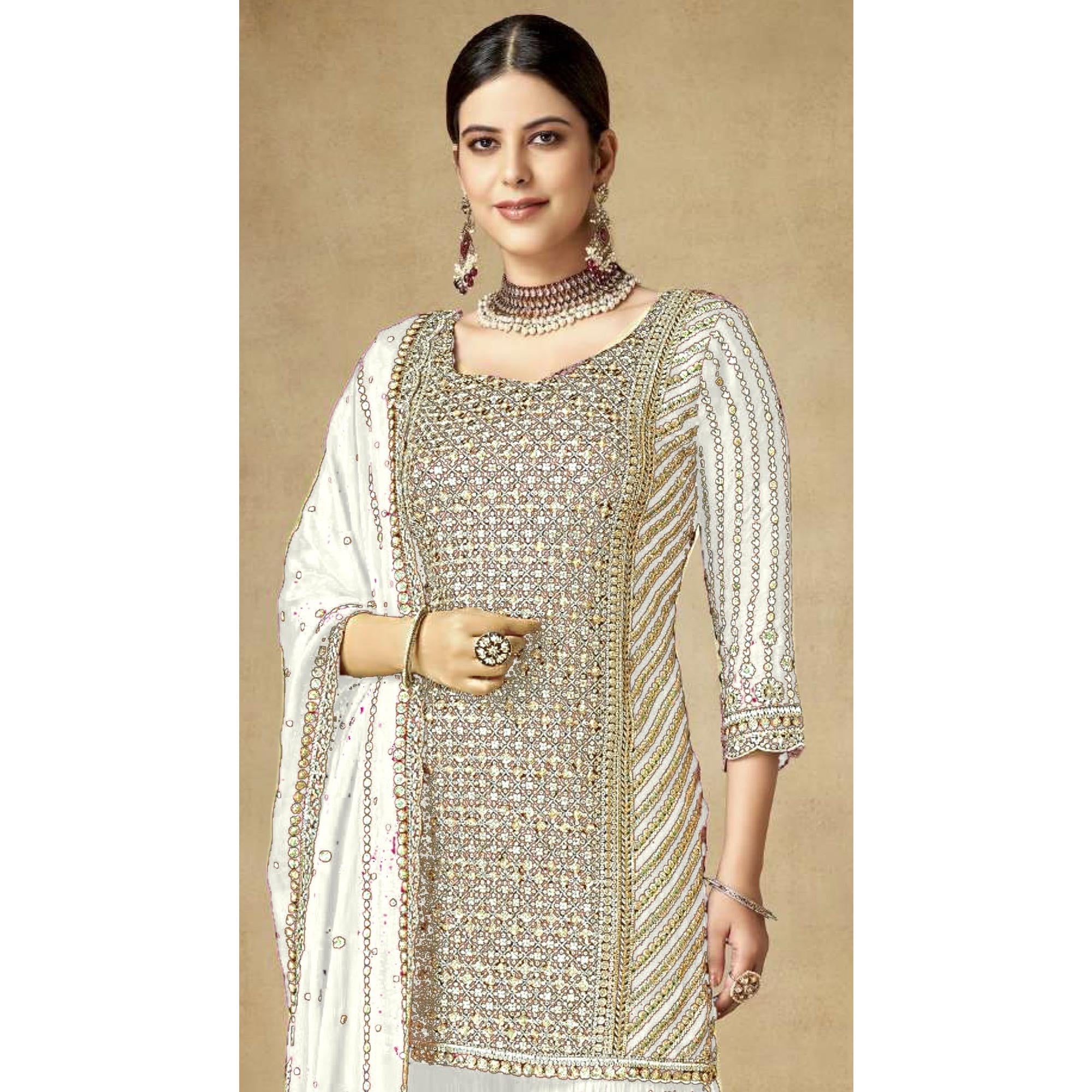 White Sequins Embroidered Chinon Semi Stitched Sharara Suit