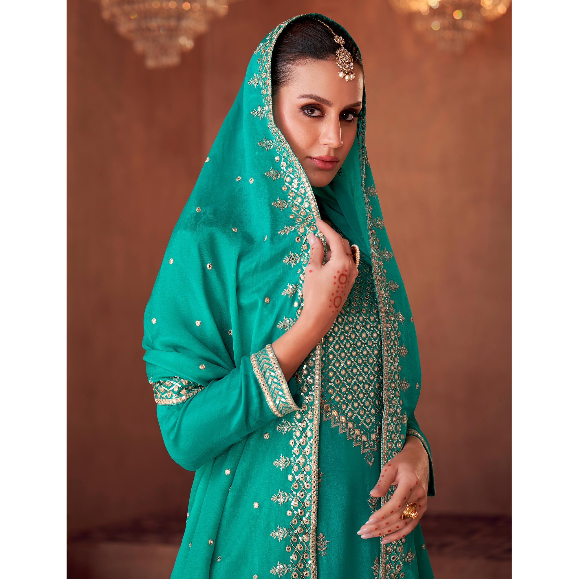 Turquoise Floral Sequins Embroidered Georgette Semi Stitched Palazzo Suit