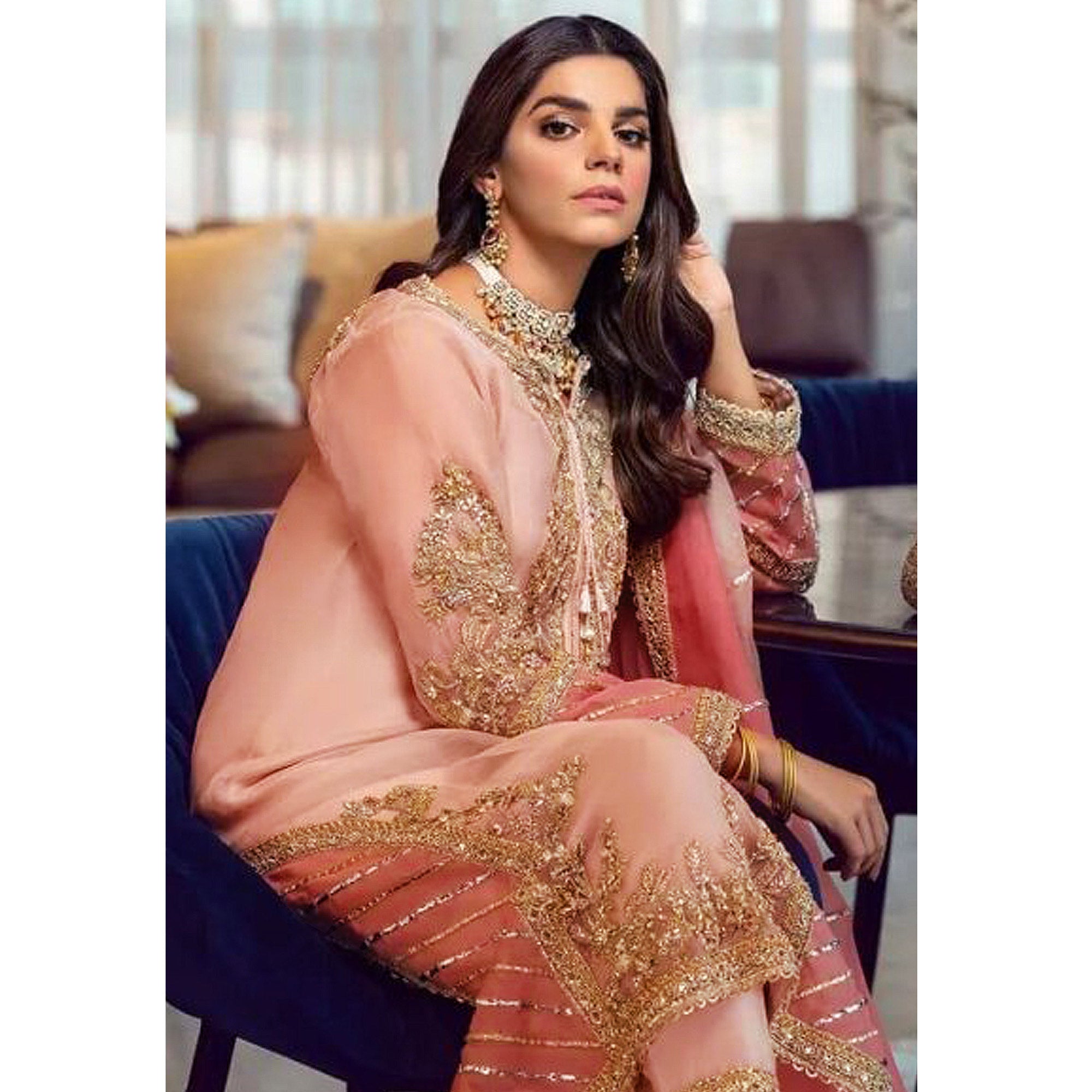 Peach Floral Embroidered Georgette Semi Stitched Pakistani Suit