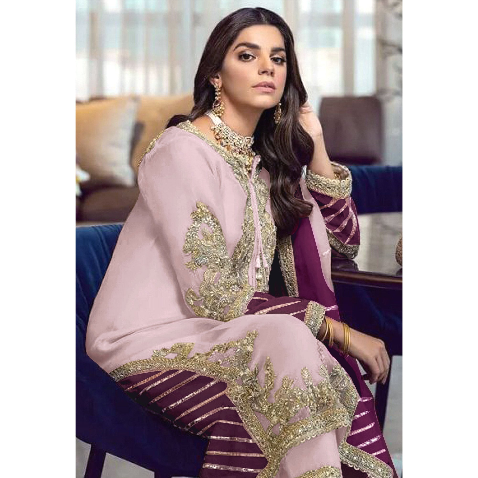 Pink Floral Embroidered Georgette Semi Stitched Pakistani Suit