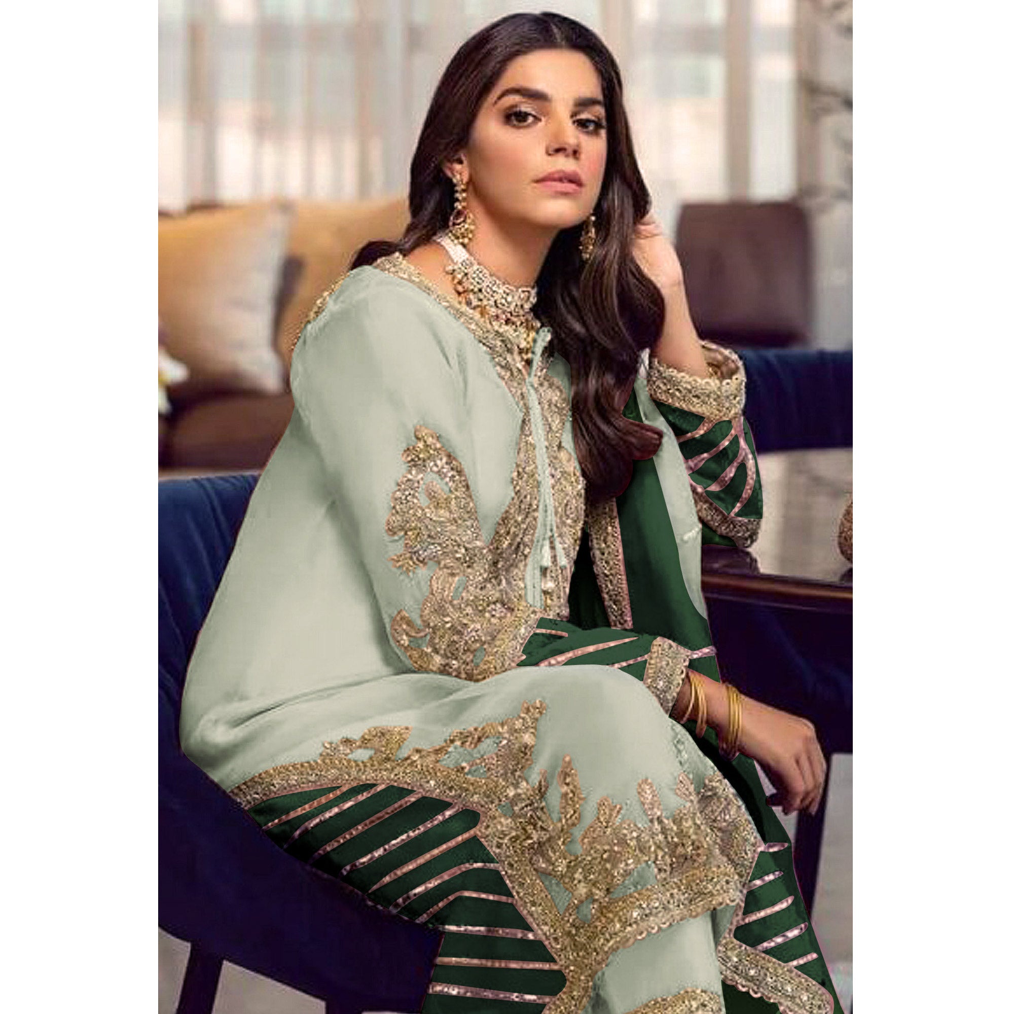 Green Floral Embroidered Georgette Semi Stitched Pakistani Suit