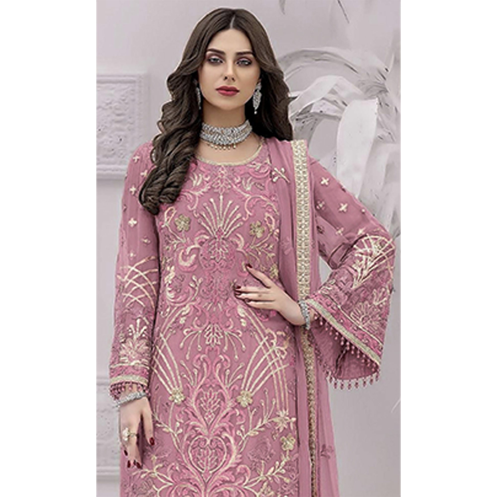 Pastel Pink Floral Embroidered Georgette Semi Stitched Pakistani Suit