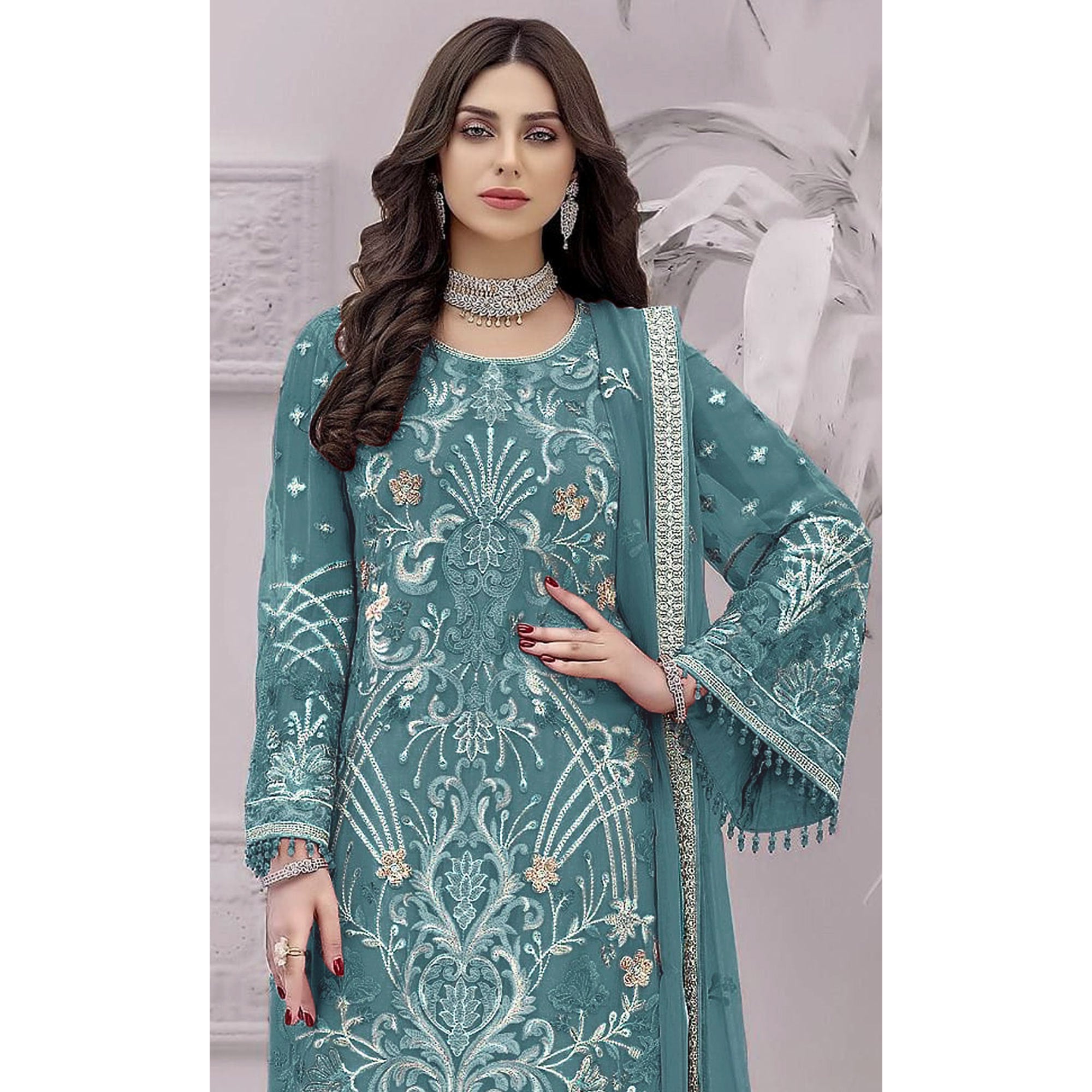 Sky Blue Floral Embroidered Georgette Semi Stitched Pakistani Suit