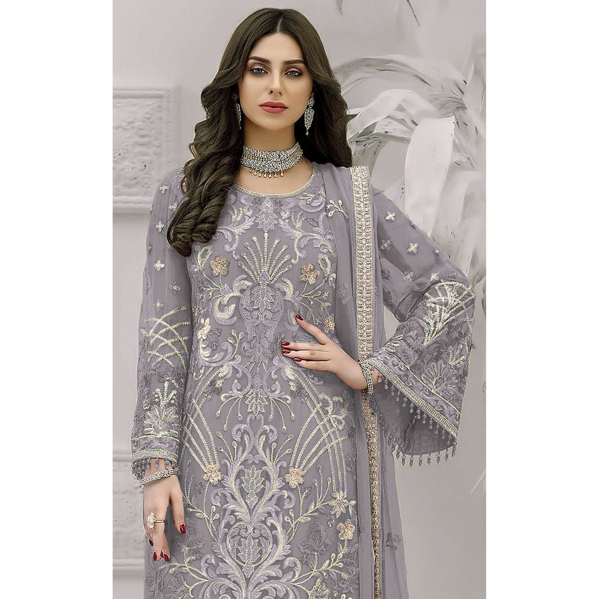 Violet Floral Embroidered Georgette Semi Stitched Pakistani Suit