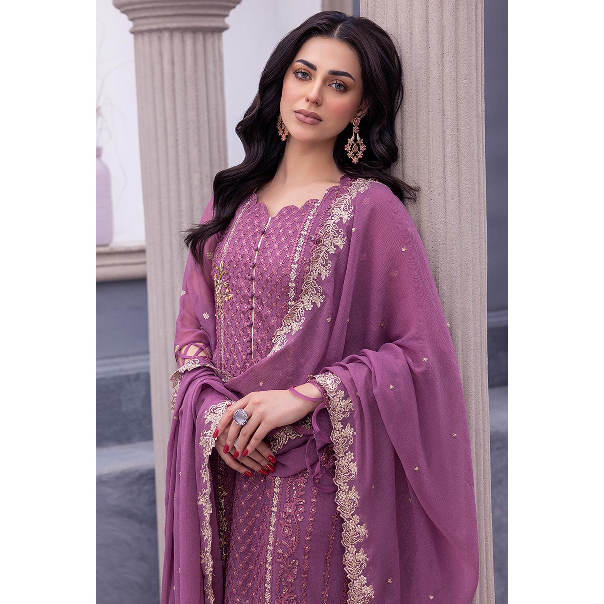 Purple Floral Embroidered Georgette Semi Stitched Pakistani Suit