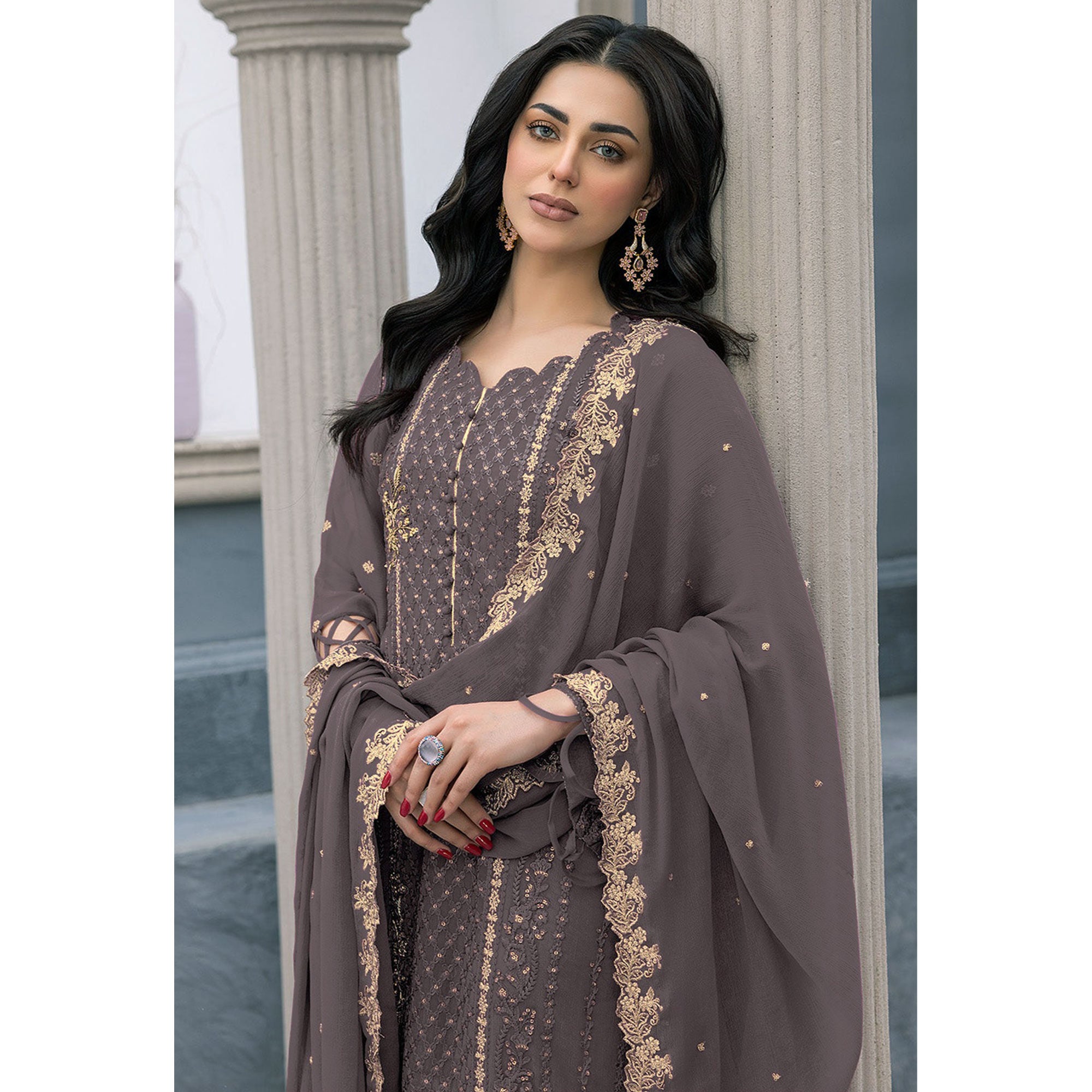 Brownish Mauve Floral Embroidered Georgette Semi Stitched Pakistani Suit