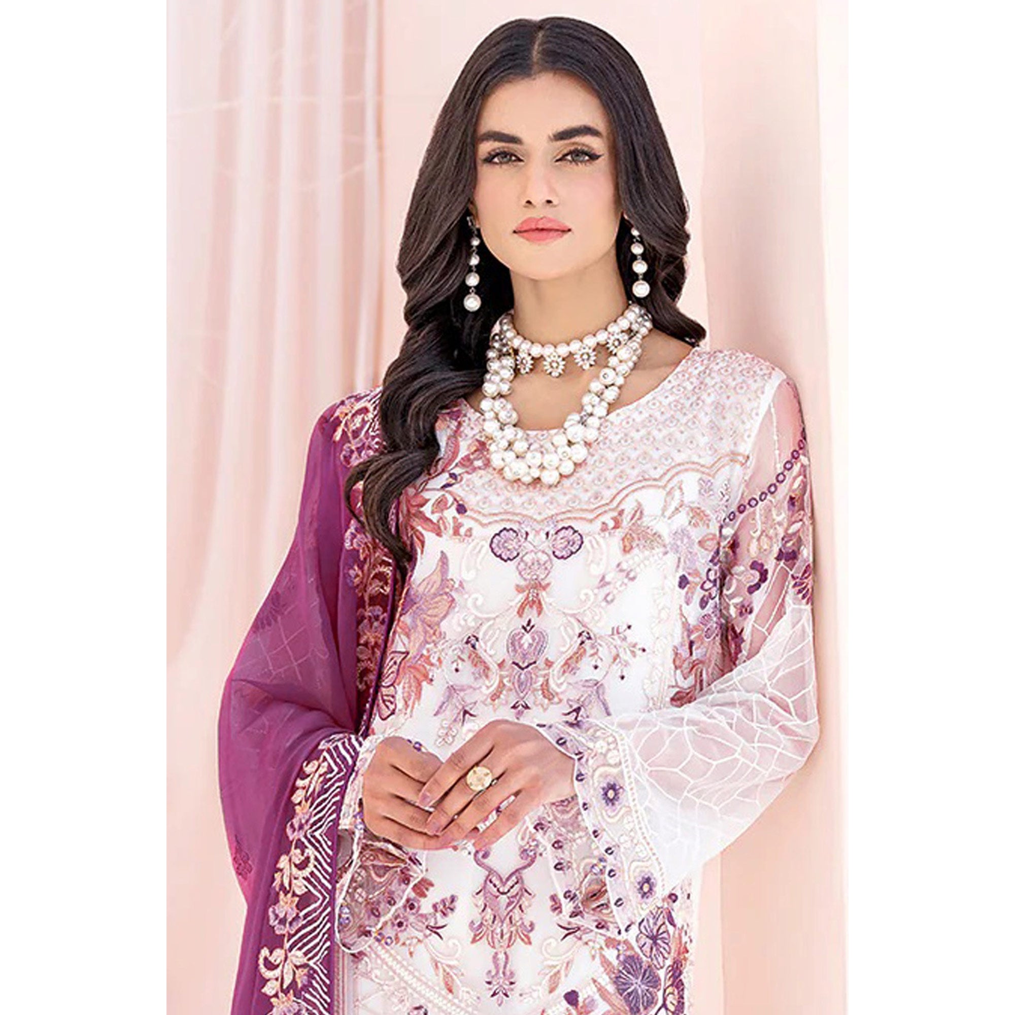 White & Purple Floral Embroidered Georgette Semi Stitched Pakistani Suit