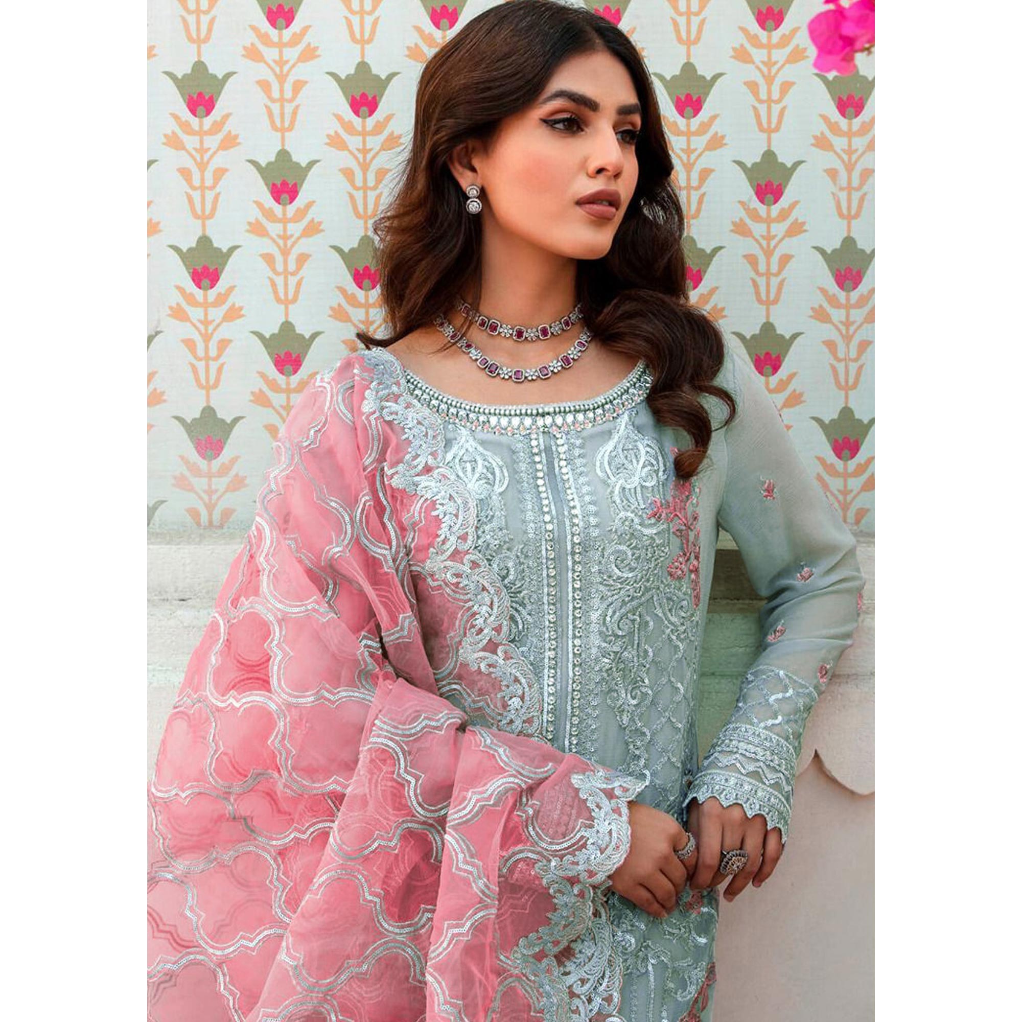 Grey Floral Embroidered Organza Semi Stitched Pakistani Suit