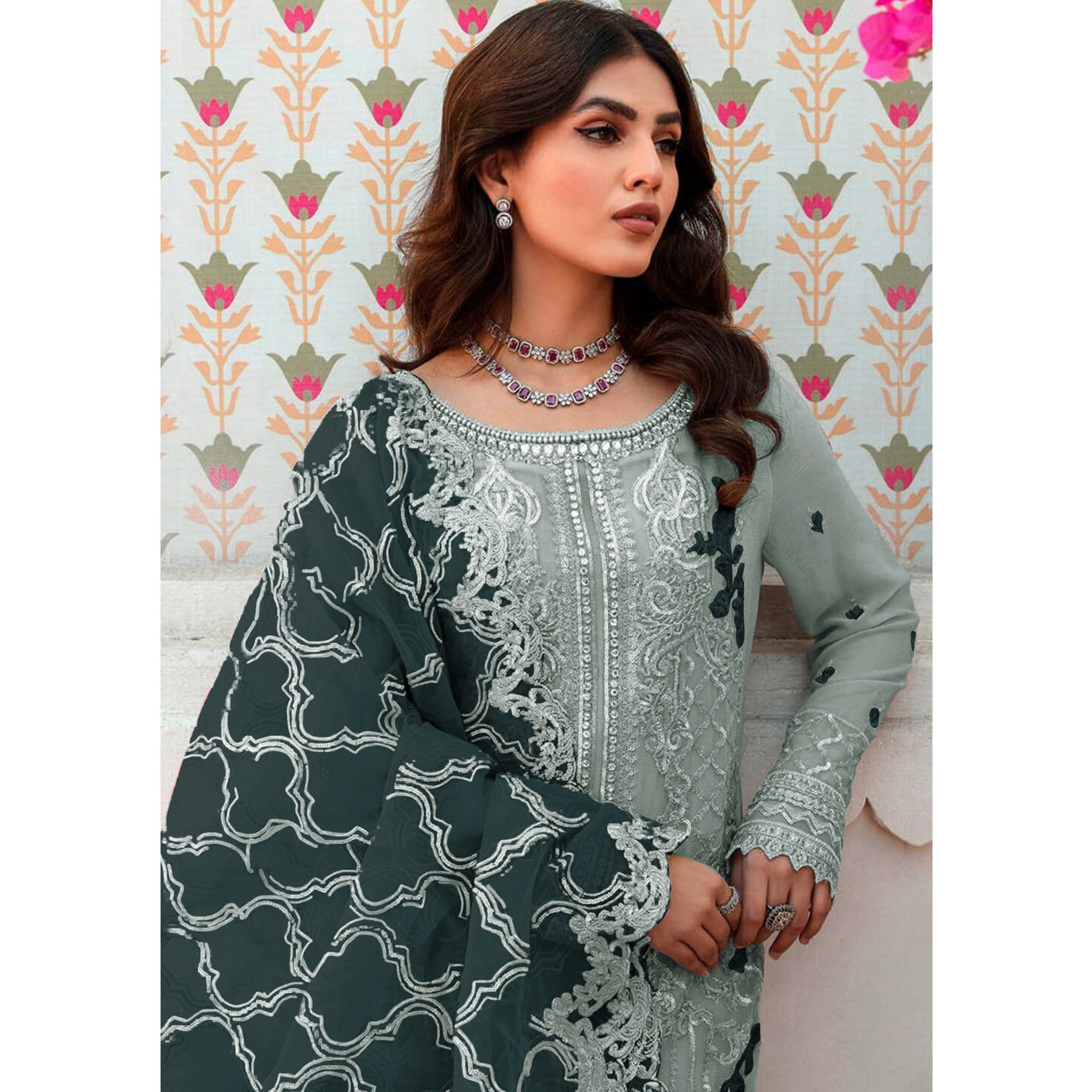 Green Floral Embroidered Organza Semi Stitched Pakistani Suit