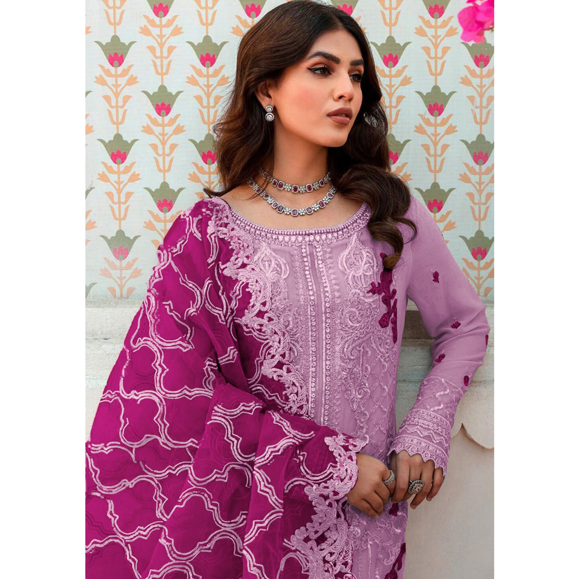 Purple Floral Embroidered Organza Semi Stitched Pakistani Suit