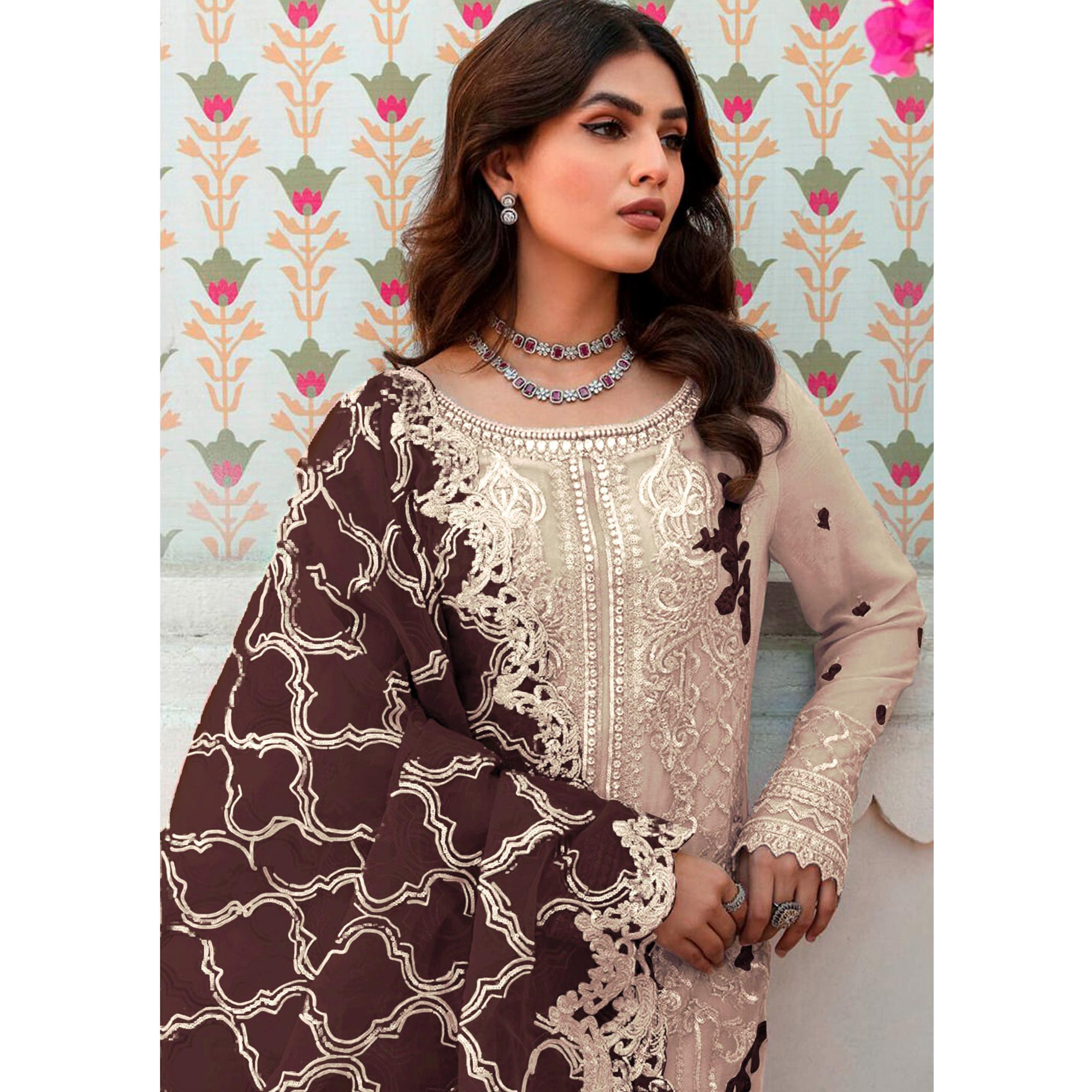 Beige Floral Embroidered Organza Semi Stitched Pakistani Suit