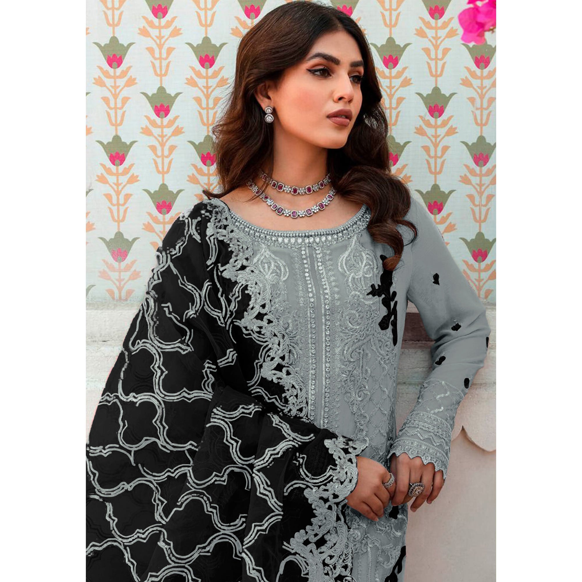Grey Floral Embroidered Organza Semi Stitched Pakistani Suit