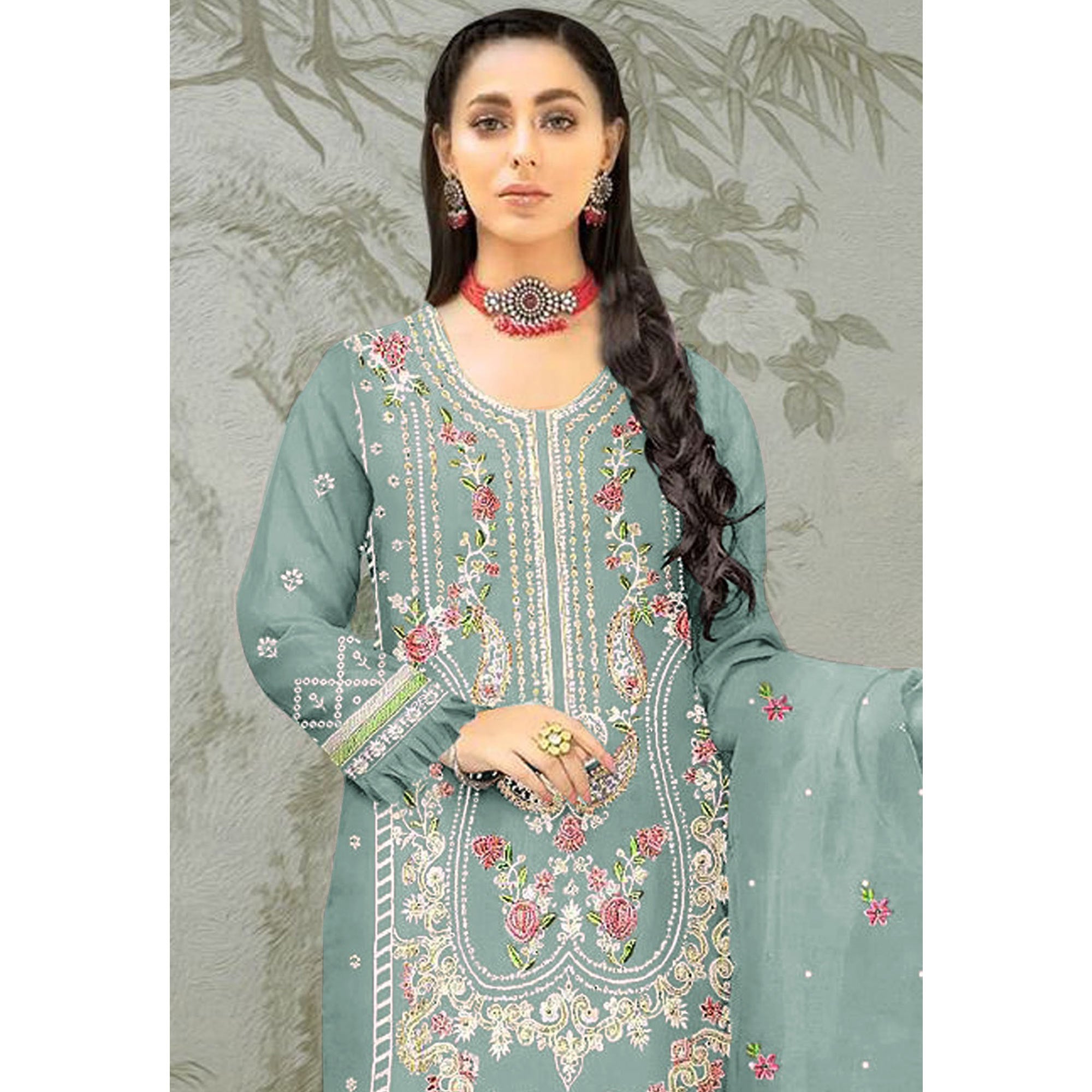 Blue Floral Embroidered Organza Semi Stitched Pakistani Suit