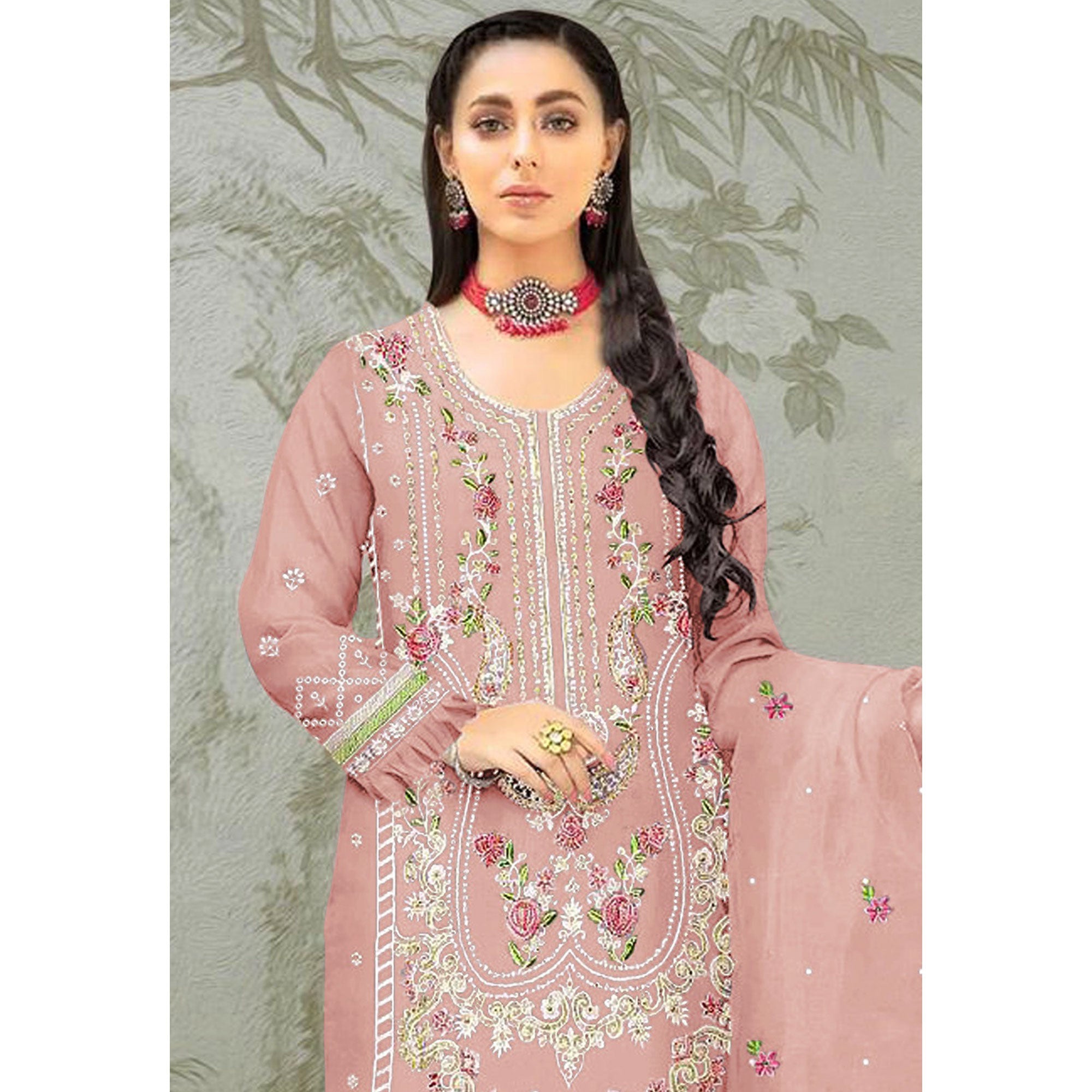 Peach Floral Embroidered Organza Semi Stitched Pakistani Suit